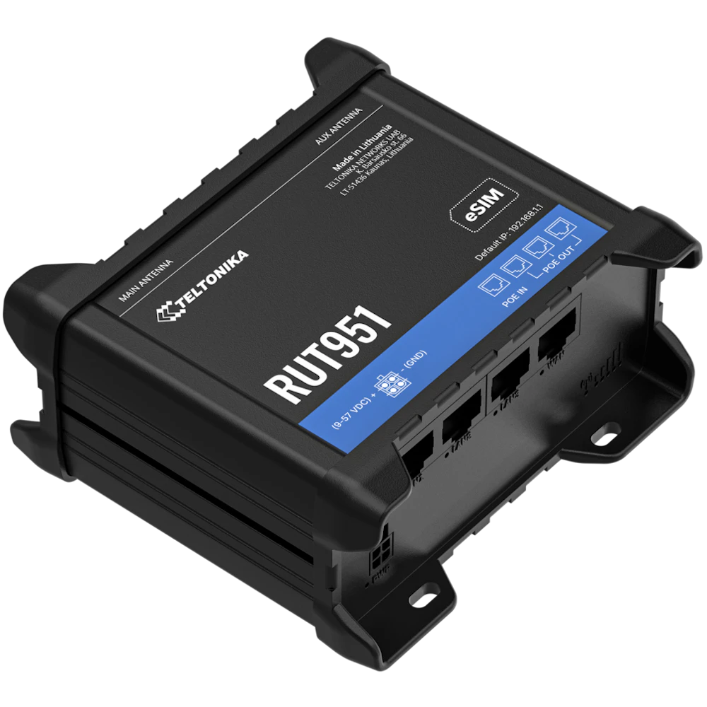 A large main feature product image of Teltonika RUT951 Industrial PoE+ Dual Sim Cellular Router