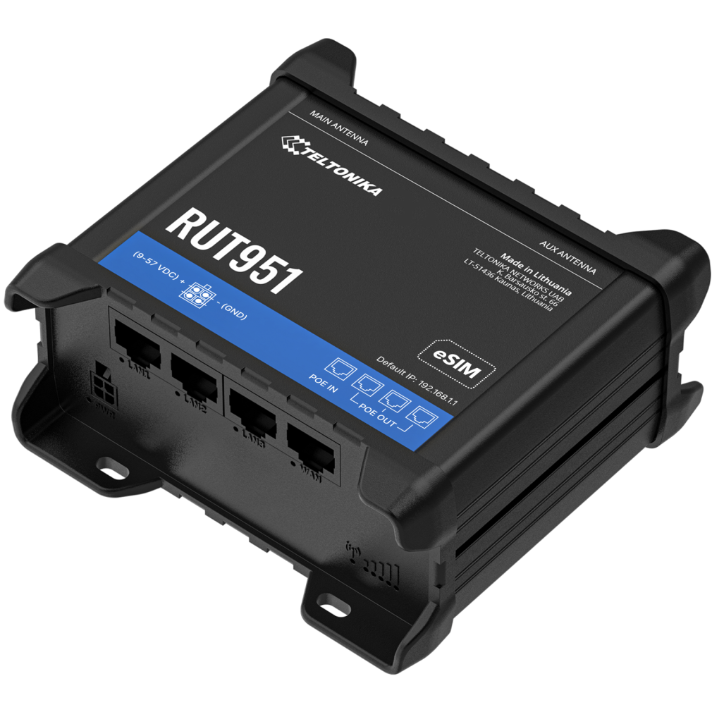 A large main feature product image of Teltonika RUT951 Industrial PoE+ Dual Sim Cellular Router