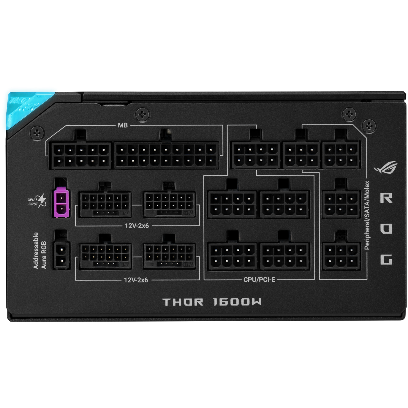 A large main feature product image of ASUS ROG THOR Gaming Evo 1600W Titanium III PCIe 5.1 Modular PSU w/ Equalizer Cable