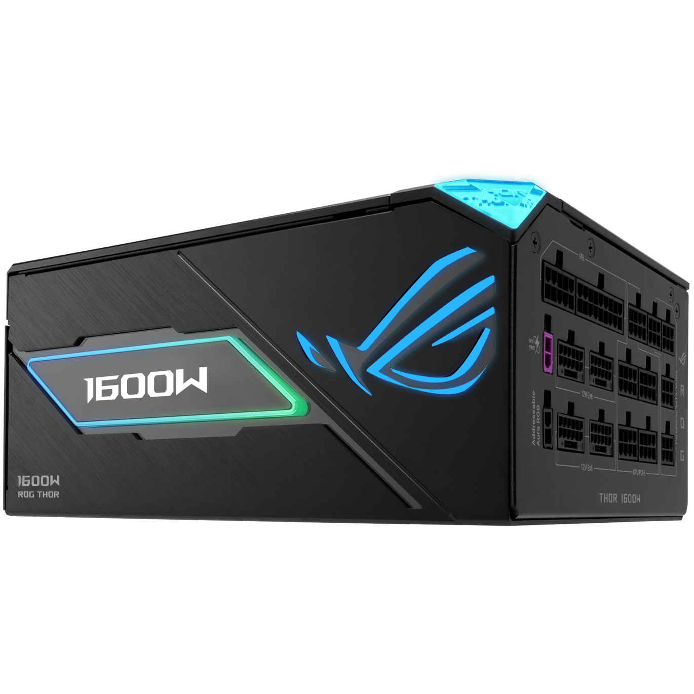 A large main feature product image of ASUS ROG THOR Gaming Evo 1600W Titanium III PCIe 5.1 Modular PSU w/ Equalizer Cable