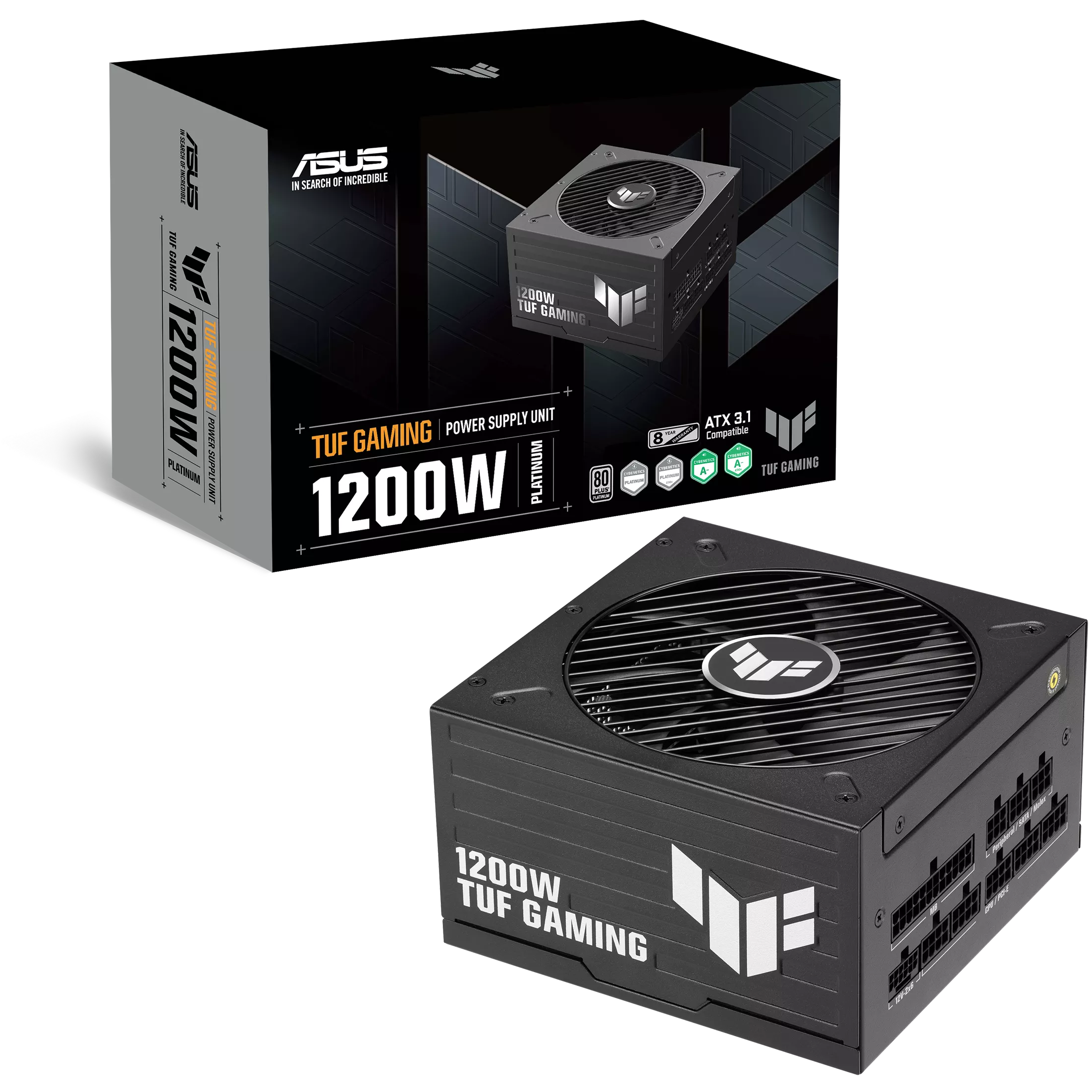 A large main feature product image of ASUS TUF Gaming 1200W Platinum PCIe 5.1 Modular PSU