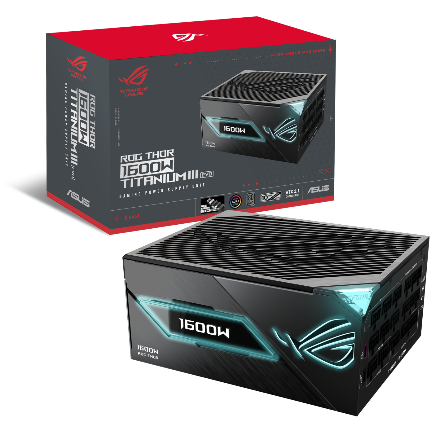 A large main feature product image of ASUS ROG THOR Gaming Evo 1600W Titanium III PCIe 5.1 Modular PSU w/ Equalizer Cable