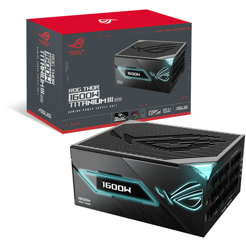 A large main feature product image of ASUS ROG THOR Gaming Evo 1600W Titanium III PCIe 5.1 Modular PSU w/ Equalizer Cable