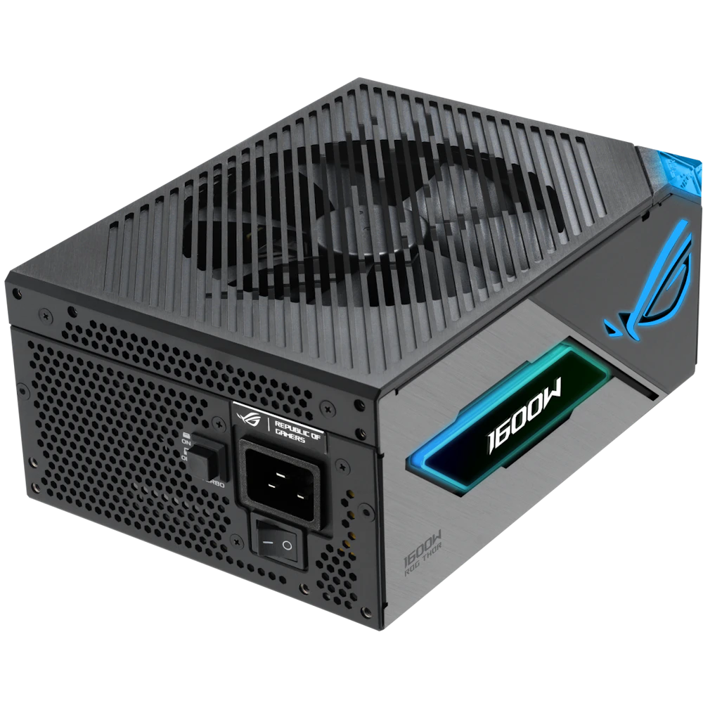 A large main feature product image of ASUS ROG THOR Gaming 1600W Titanium III Modular PSU