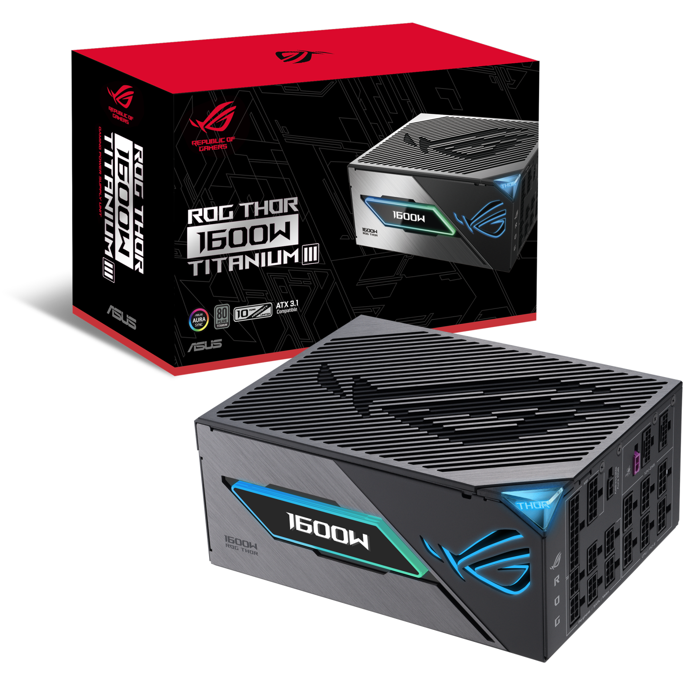 A large main feature product image of ASUS ROG THOR Gaming 1600W Titanium III Modular PSU