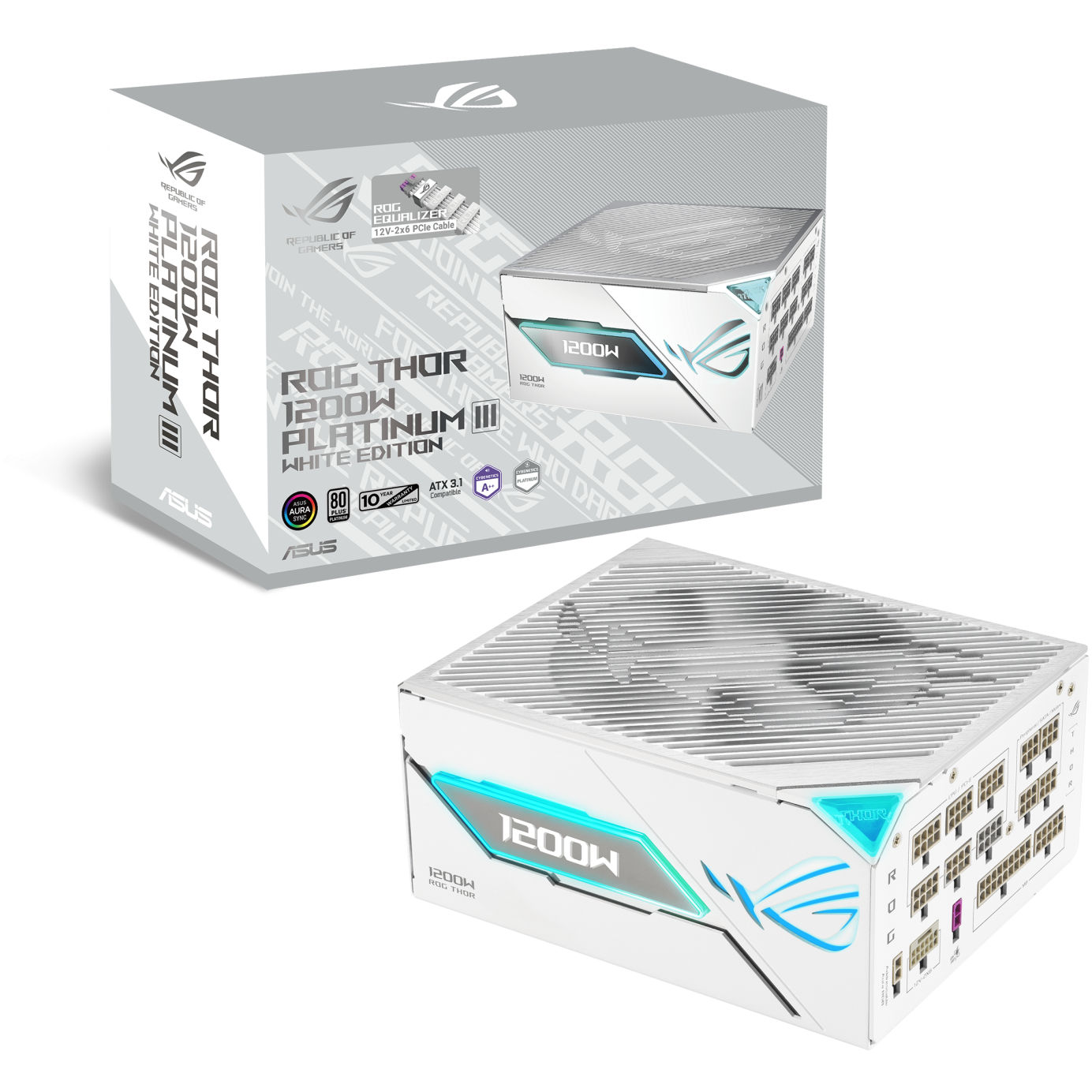A large main feature product image of ASUS ROG THOR Gaming Evo 1200W Platinum III PCIE 5.1 Modular PSU w/ Equalizer Cable - White