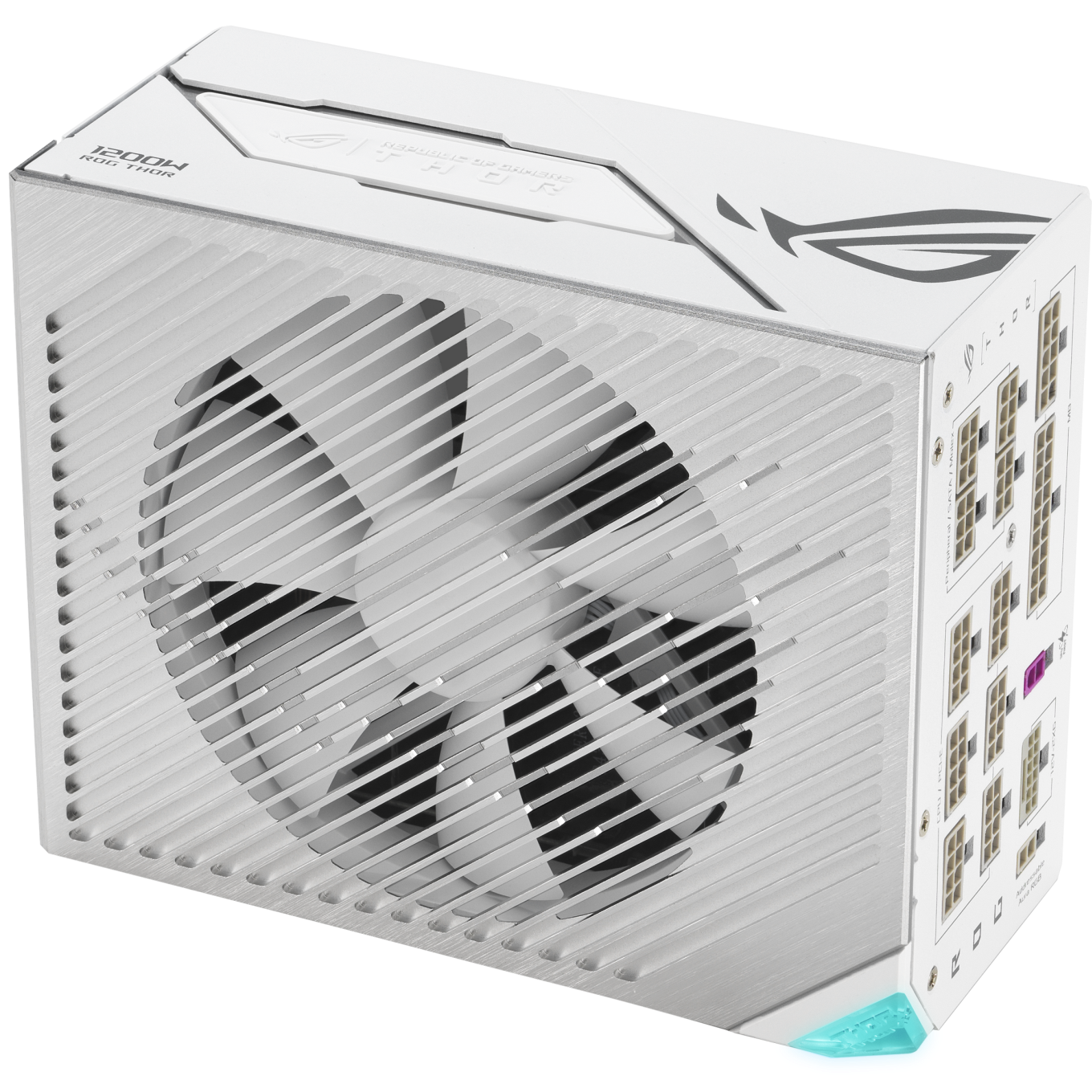 A large main feature product image of ASUS ROG THOR Gaming Evo 1200W Platinum III PCIE 5.1 Modular PSU w/ Equalizer Cable - White