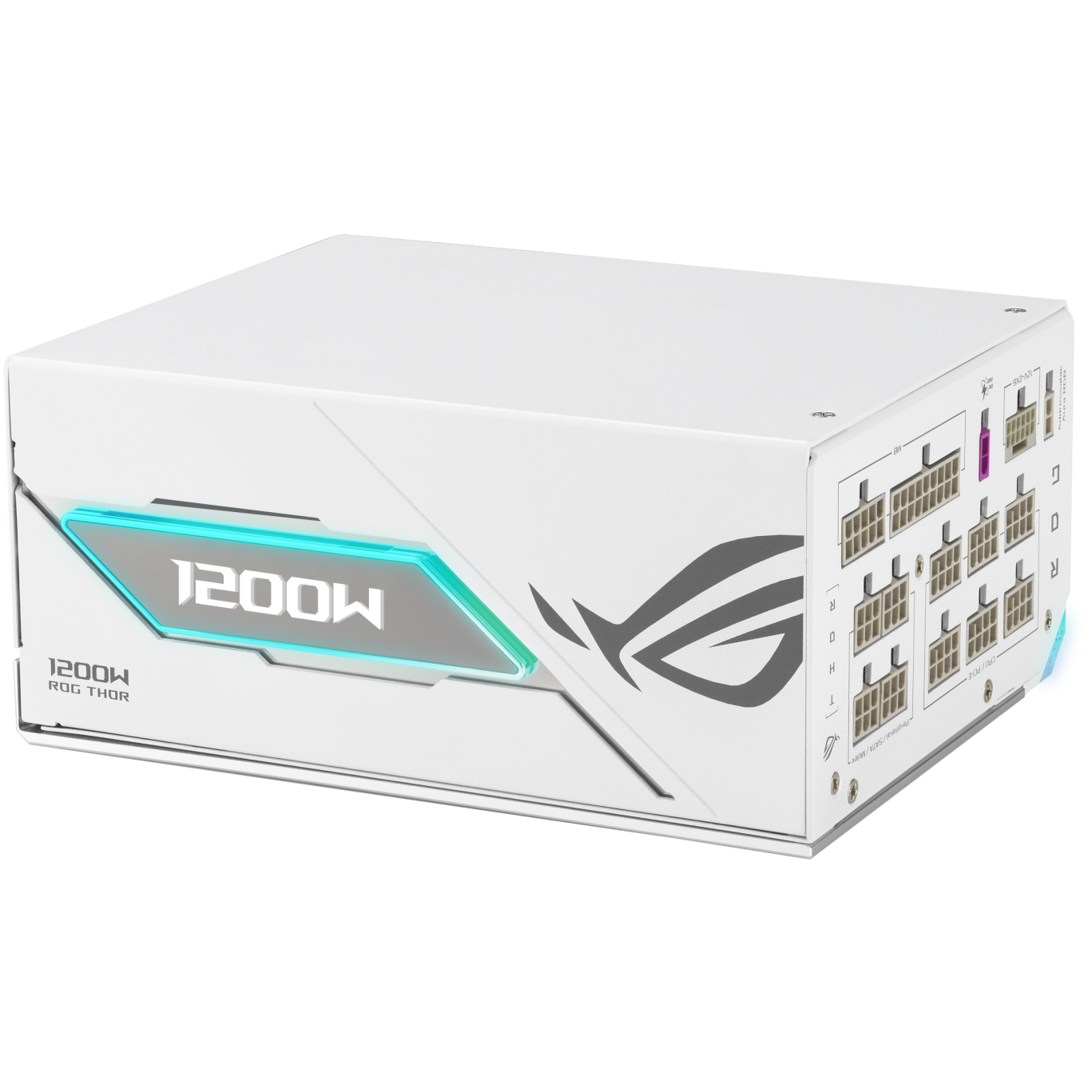A large main feature product image of ASUS ROG THOR Gaming Evo 1200W Platinum III PCIE 5.1 Modular PSU w/ Equalizer Cable - White