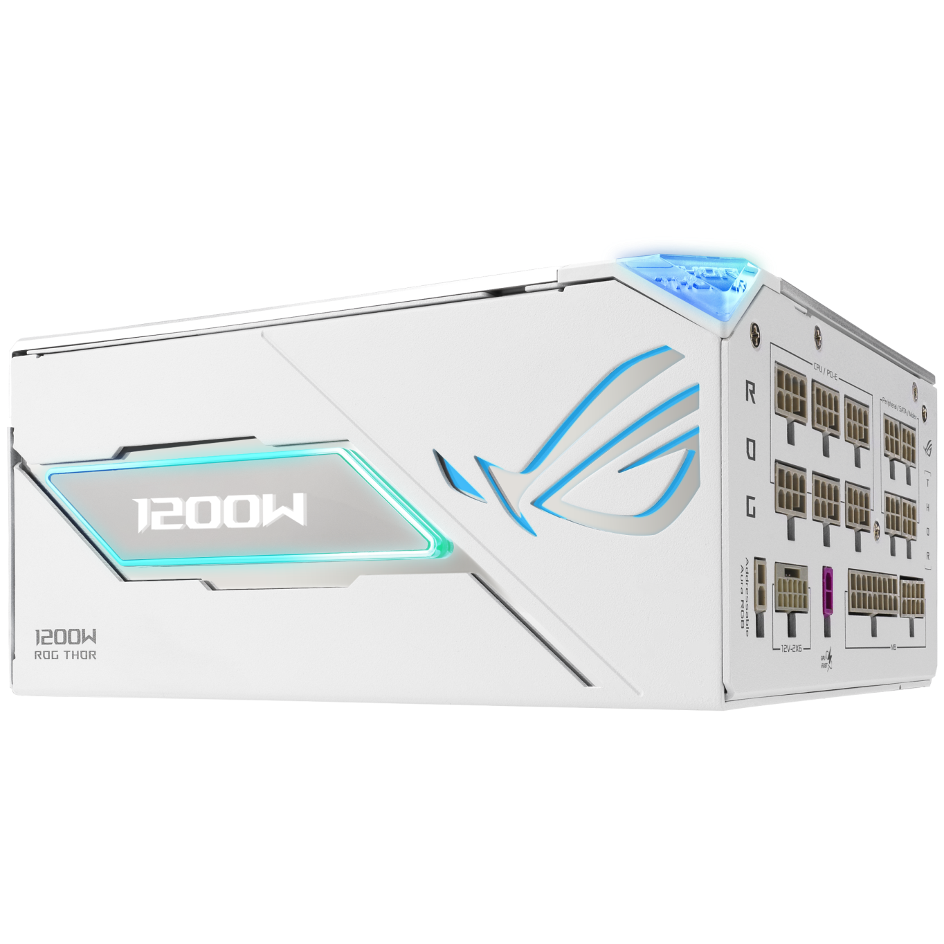 A large main feature product image of ASUS ROG THOR Gaming Evo 1200W Platinum III PCIE 5.1 Modular PSU w/ Equalizer Cable - White