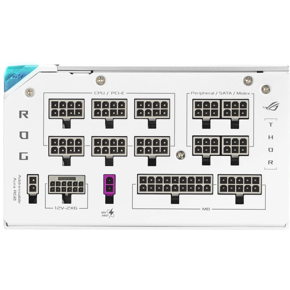 A large main feature product image of ASUS ROG THOR Gaming Evo 1200W Platinum III PCIE 5.1 Modular PSU w/ Equalizer Cable - White