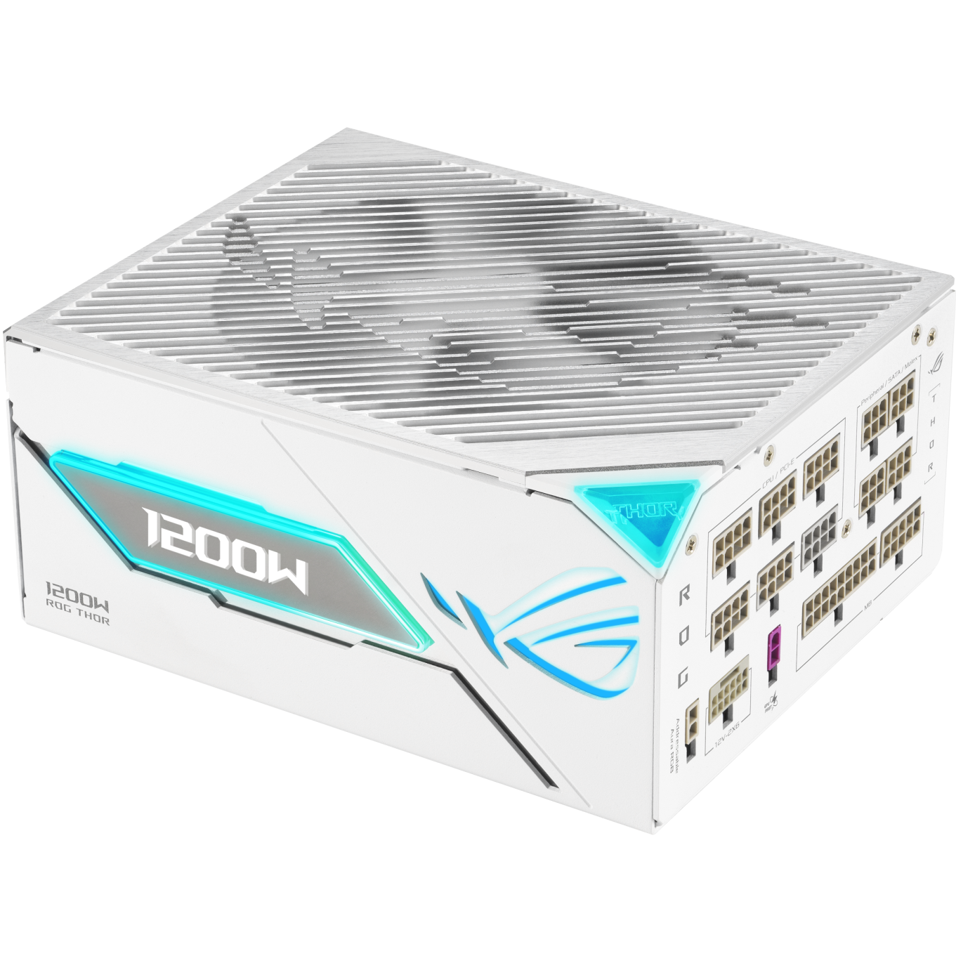 A large main feature product image of ASUS ROG THOR Gaming Evo 1200W Platinum III PCIE 5.1 Modular PSU w/ Equalizer Cable - White