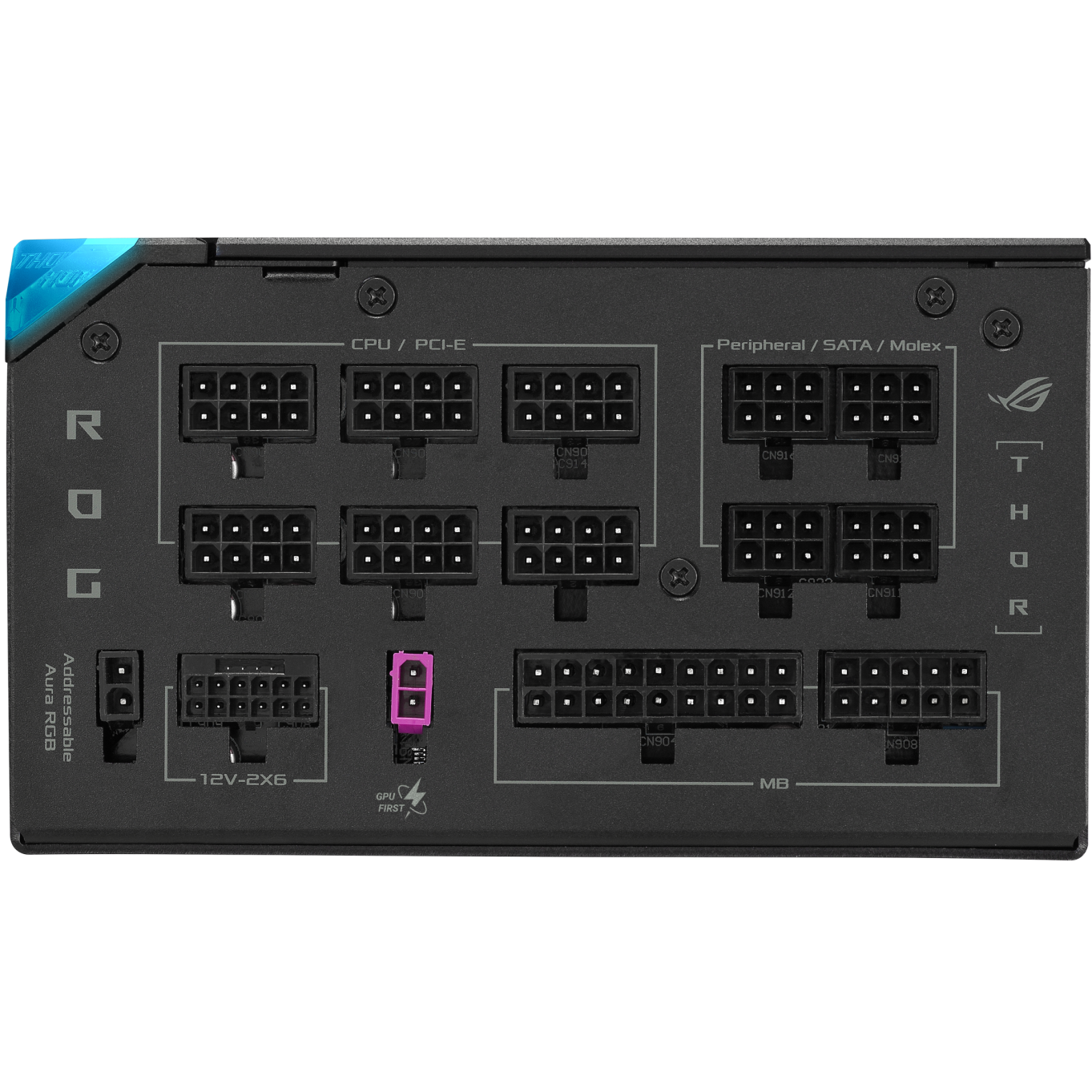 A large main feature product image of ASUS ROG THOR Gaming Evo 1200W Platinum III PCIe 5.1 Modular PSU w/ Equalizer Cable