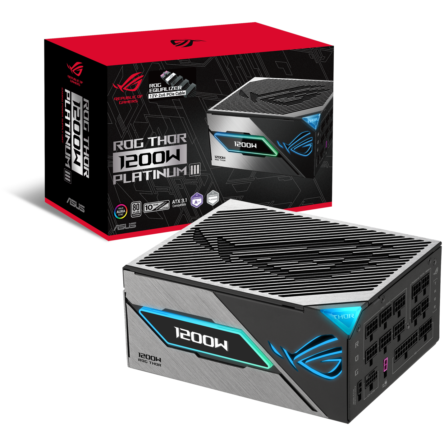 A large main feature product image of ASUS ROG THOR Gaming Evo 1200W Platinum III PCIe 5.1 Modular PSU w/ Equalizer Cable