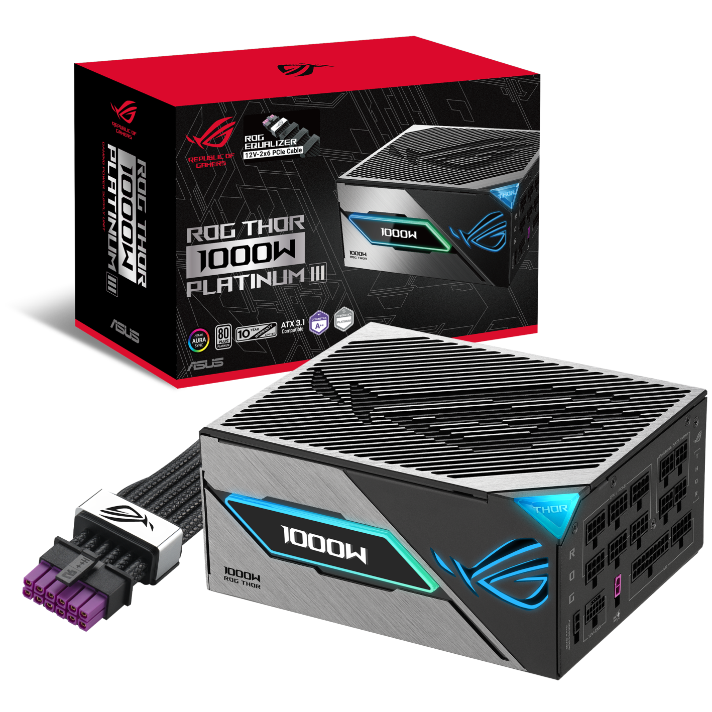 A large main feature product image of ASUS ROG THOR Gaming Evo 1000W Platinum III PCIe 5.1 Modular PSU w/ Equalizer Cable