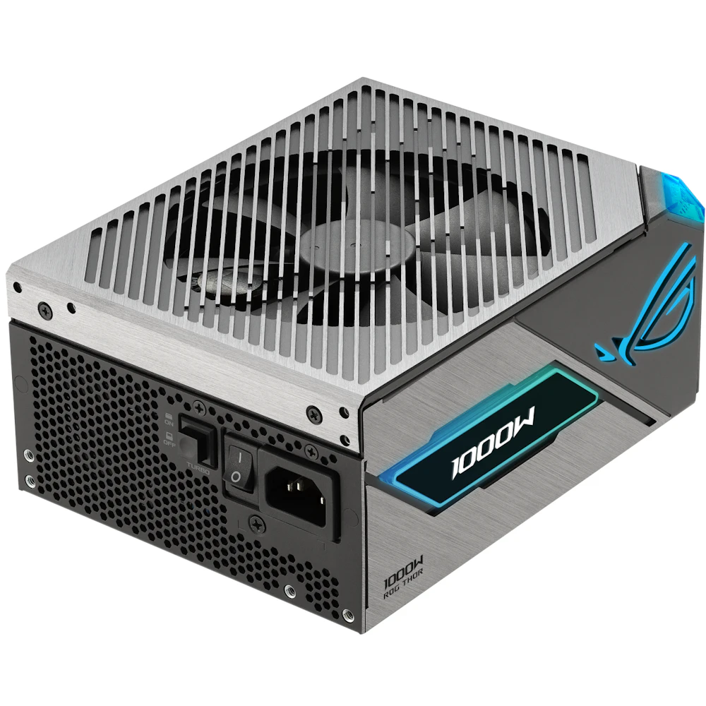 A large main feature product image of ASUS ROG THOR Gaming Evo 1000W Platinum III PCIe 5.1 Modular PSU w/ Equalizer Cable