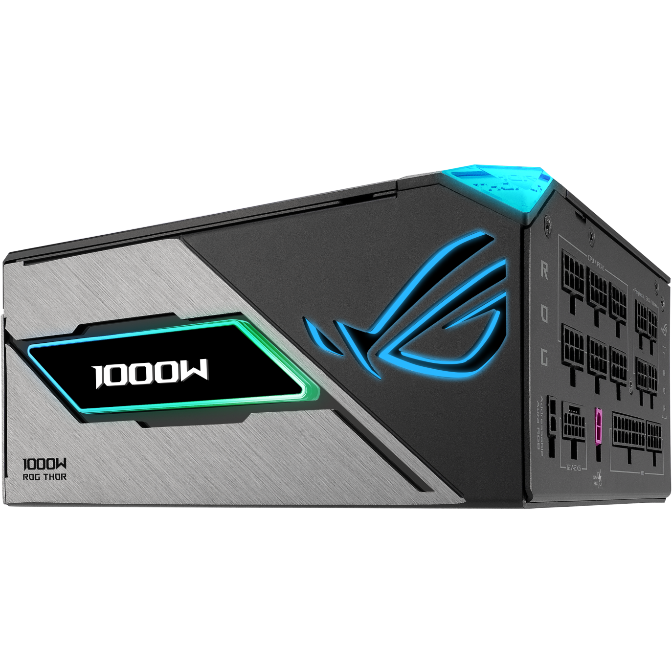 A large main feature product image of ASUS ROG THOR Gaming Evo 1000W Platinum III PCIe 5.1 Modular PSU w/ Equalizer Cable