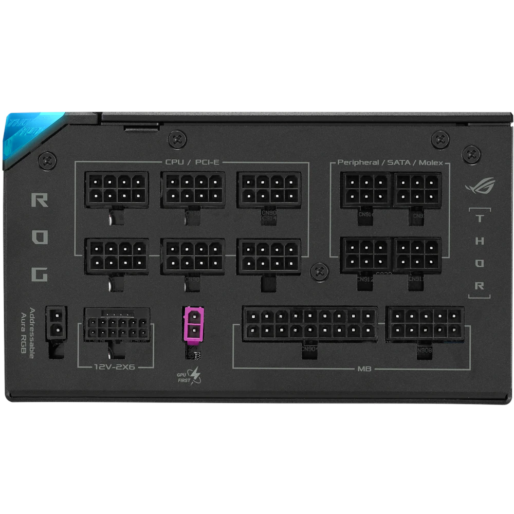 A large main feature product image of ASUS ROG THOR Gaming Evo 1000W Platinum III PCIe 5.1 Modular PSU w/ Equalizer Cable
