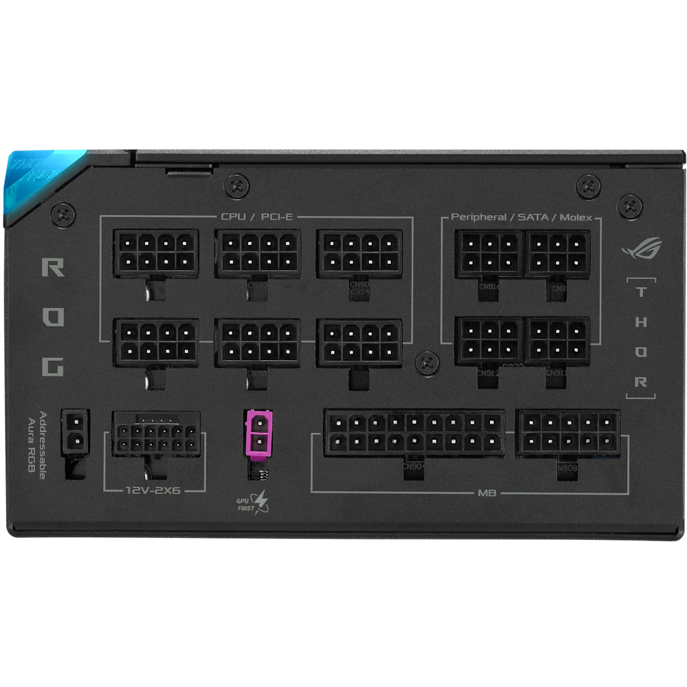 A large main feature product image of ASUS ROG THOR Gaming Evo 1000W Platinum III PCIe 5.1 Modular PSU w/ Equalizer Cable