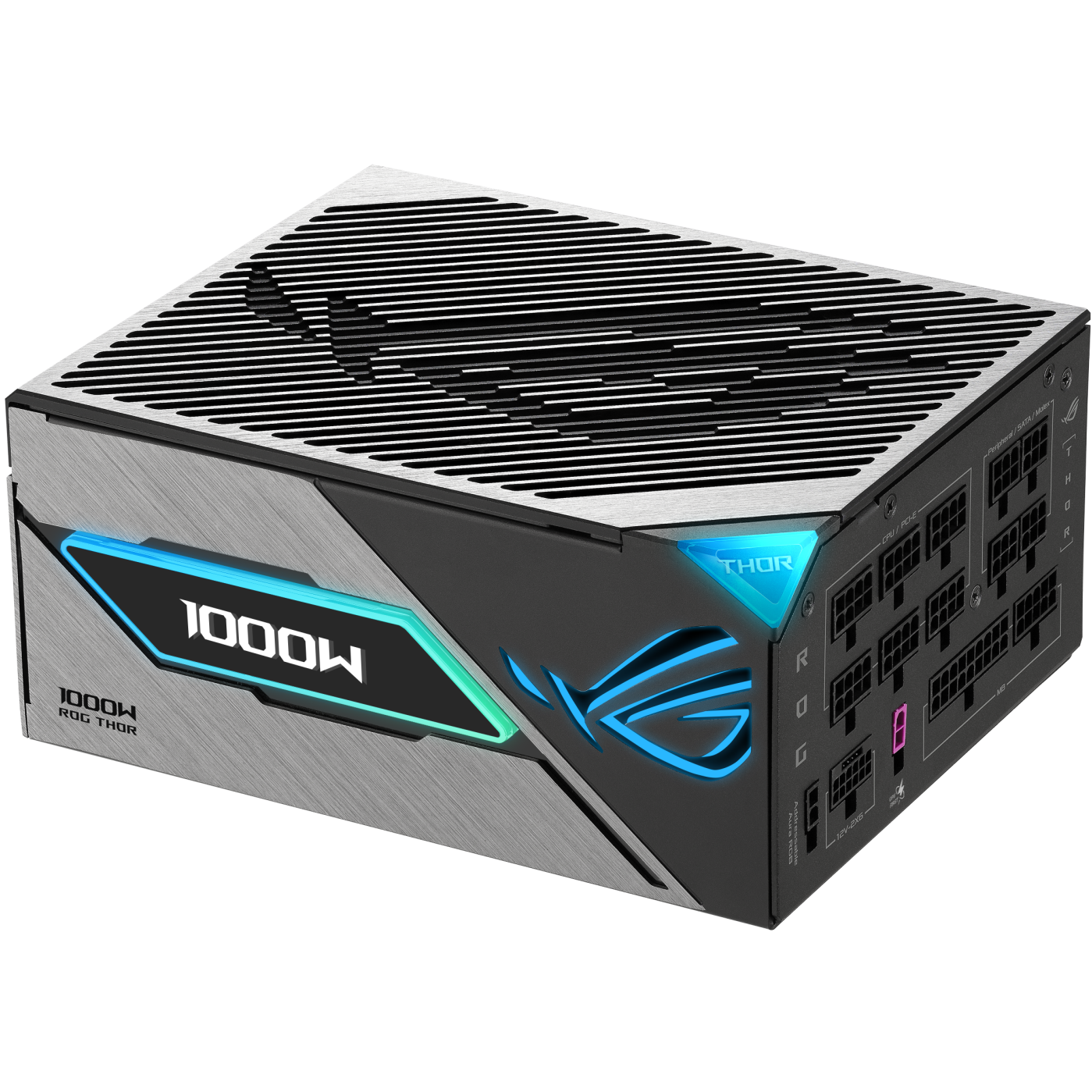 A large main feature product image of ASUS ROG THOR Gaming Evo 1000W Platinum III PCIe 5.1 Modular PSU w/ Equalizer Cable