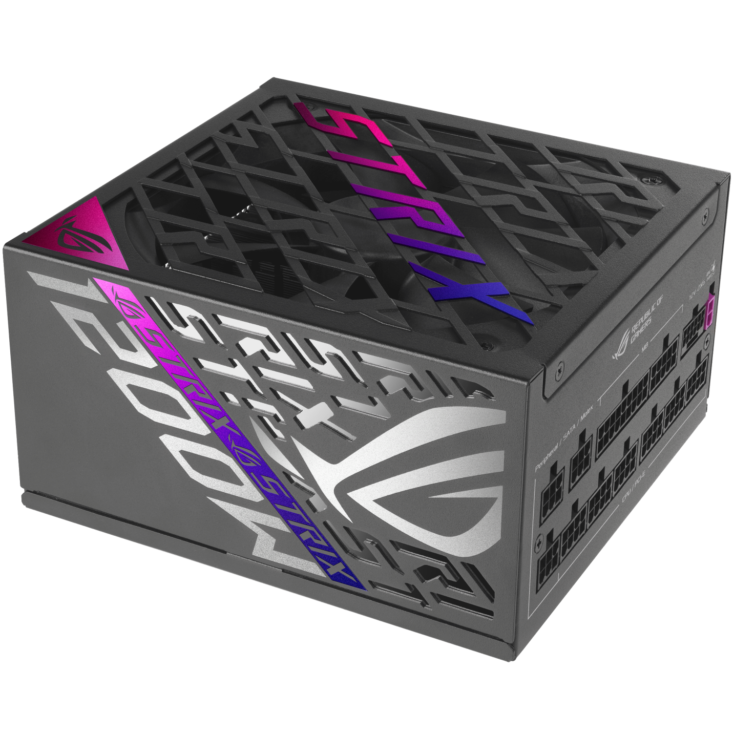 A large main feature product image of ASUS ROG Strix Gaming Evo 1200W Platinum PCIe 5.1 Modular PSU w/ Equalizer Cable