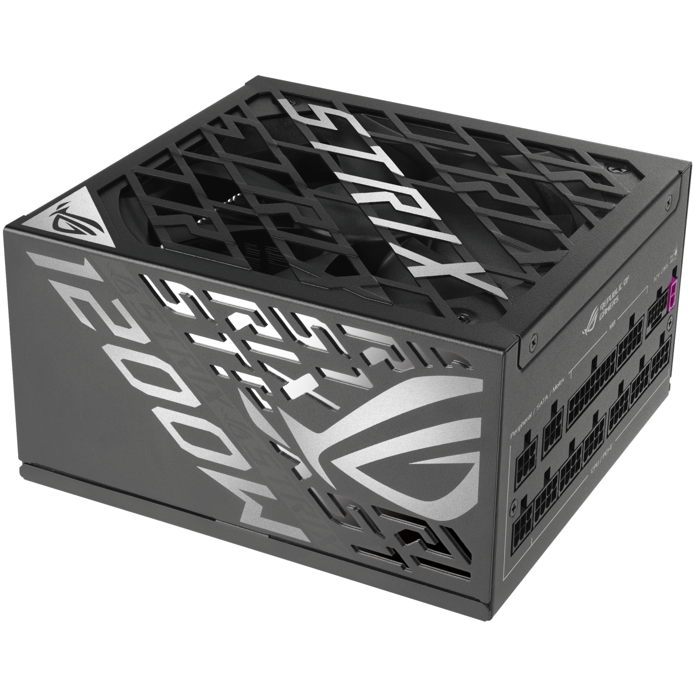 A large main feature product image of ASUS ROG Strix Gaming Evo 1200W Platinum PCIe 5.1 Modular PSU w/ Equalizer Cable