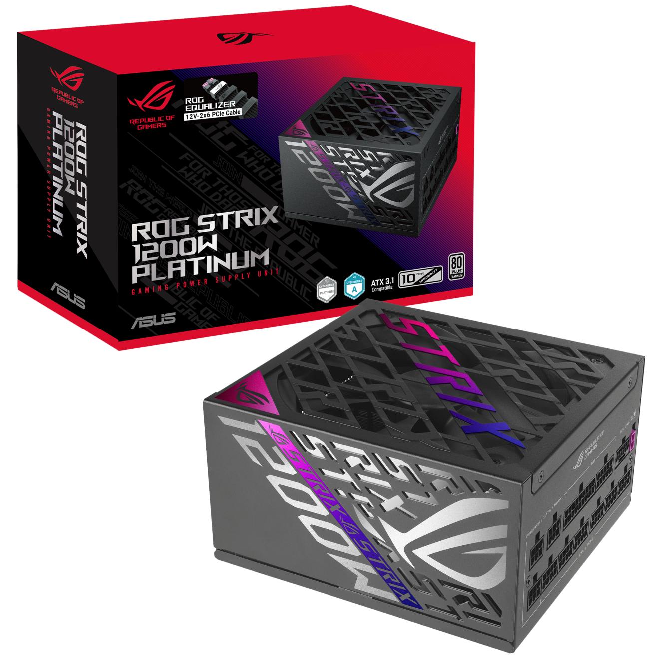 A large main feature product image of ASUS ROG Strix Gaming Evo 1200W Platinum PCIe 5.1 Modular PSU w/ Equalizer Cable