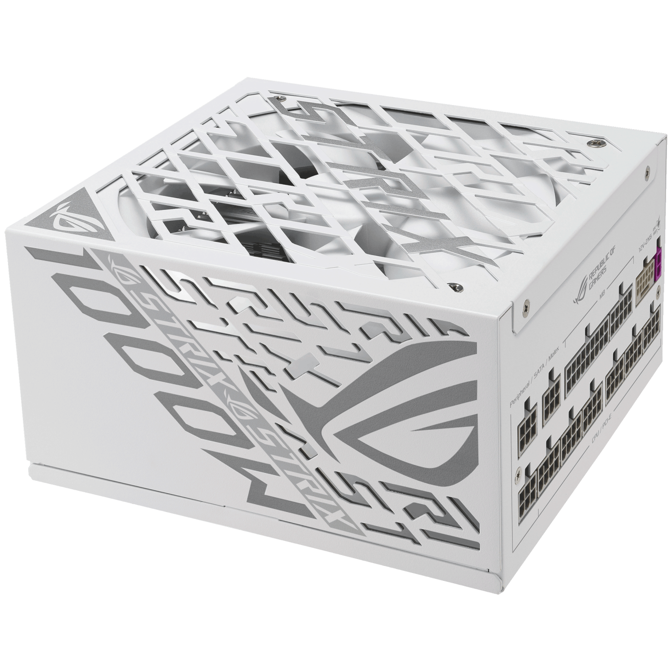 A large main feature product image of ASUS ROG Strix Gaming Evo 1000W Platinum PCIe 5.1 Modular PSU w/ Equalizer Cable - White