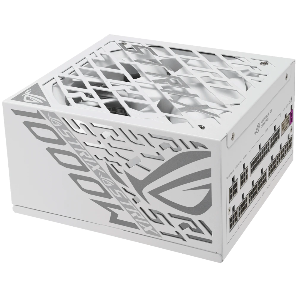 A large main feature product image of ASUS ROG Strix Gaming Evo 1000W Platinum PCIe 5.1 Modular PSU w/ Equalizer Cable - White