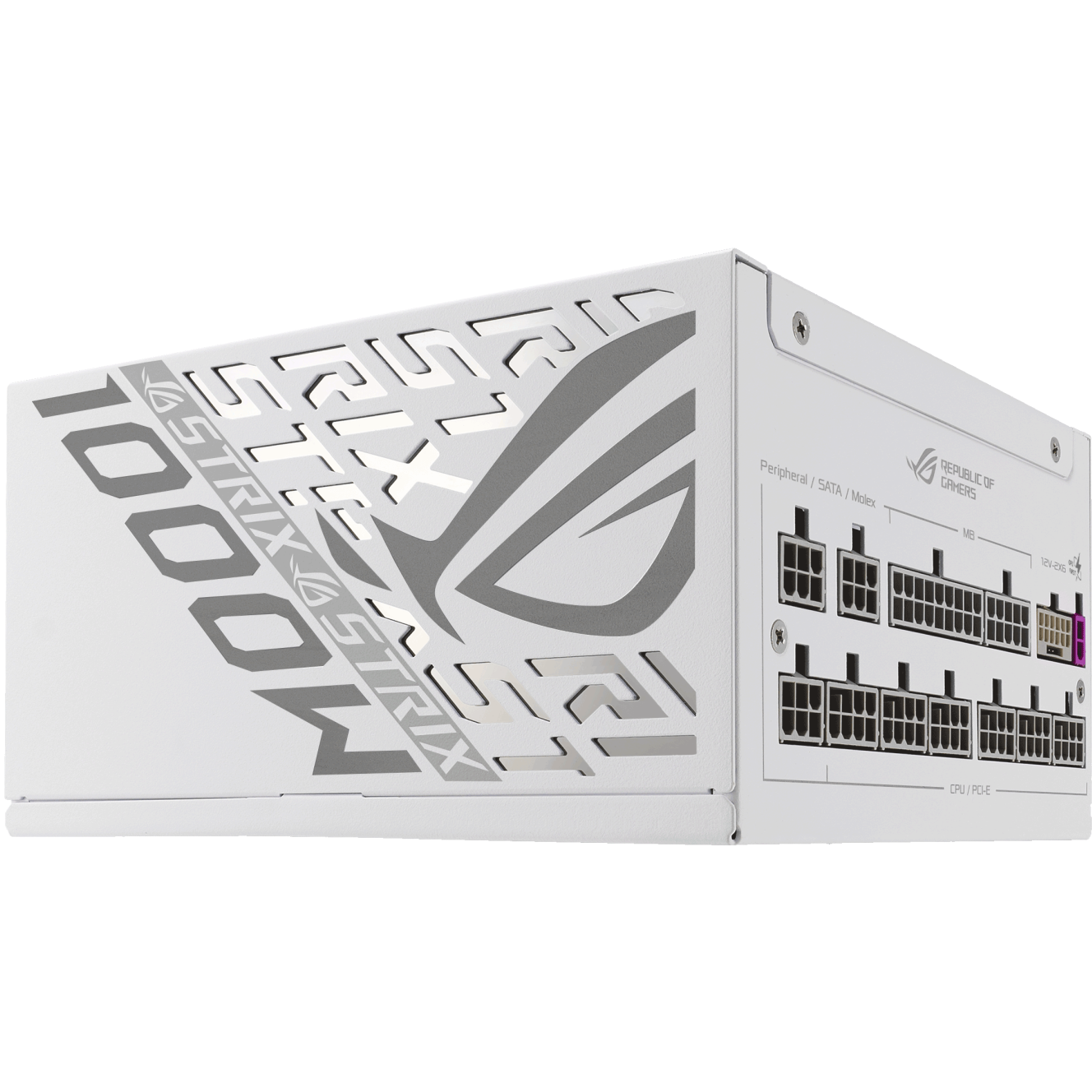 A large main feature product image of ASUS ROG Strix Gaming Evo 1000W Platinum PCIe 5.1 Modular PSU w/ Equalizer Cable - White