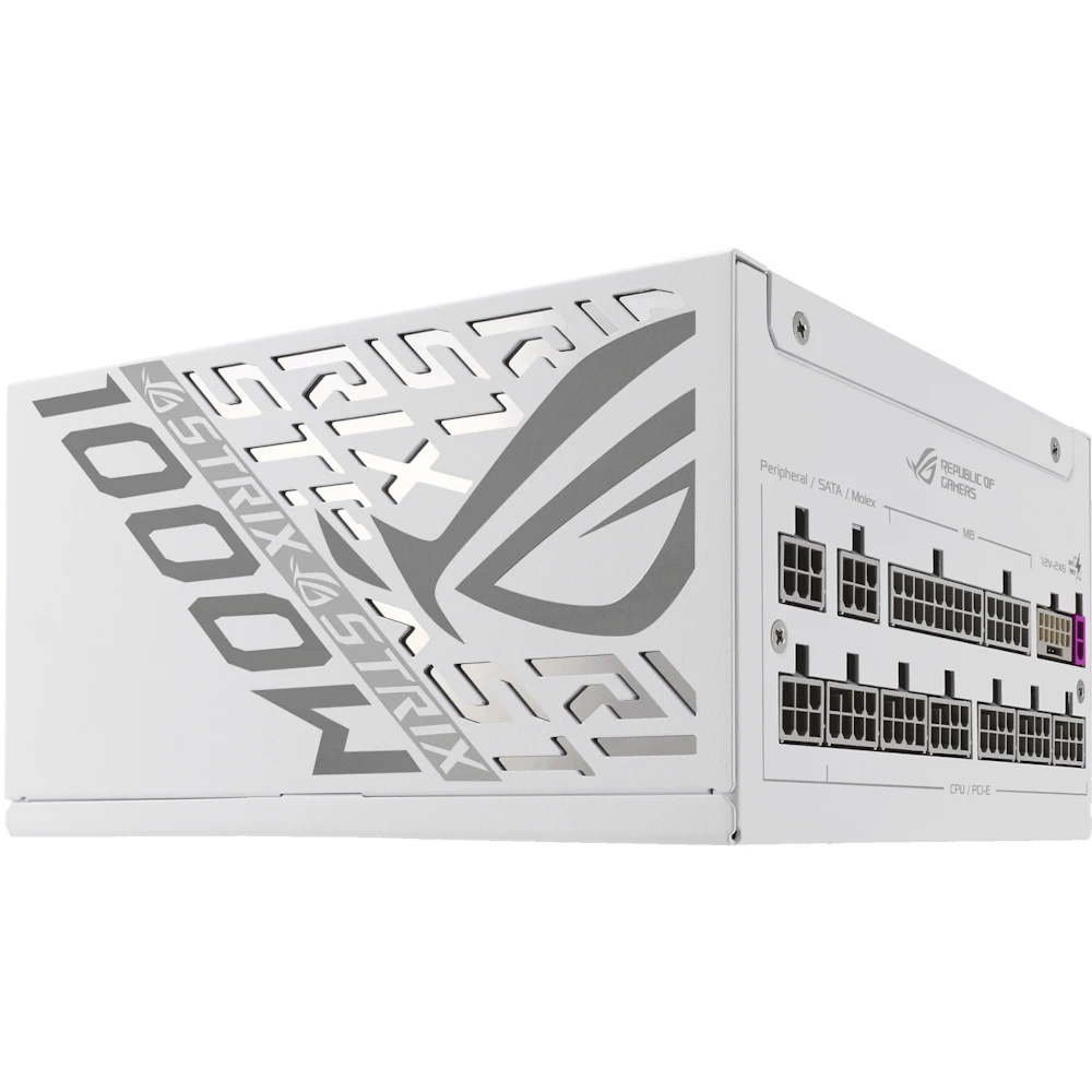 A large main feature product image of ASUS ROG Strix Gaming Evo 1000W Platinum PCIe 5.1 Modular PSU w/ Equalizer Cable - White