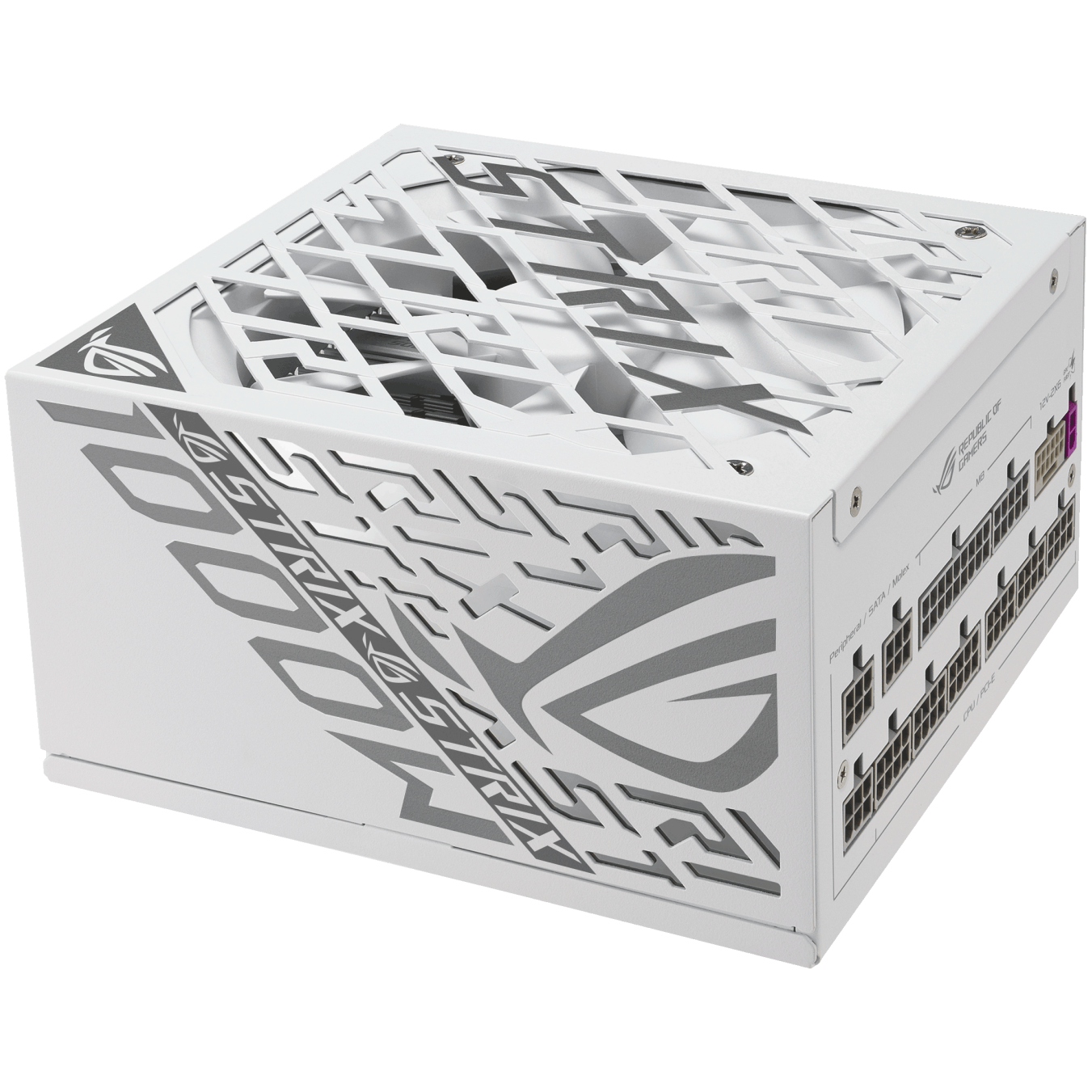 A large main feature product image of ASUS ROG Strix Gaming Evo 1000W Platinum PCIe 5.1 Modular PSU w/ Equalizer Cable - White