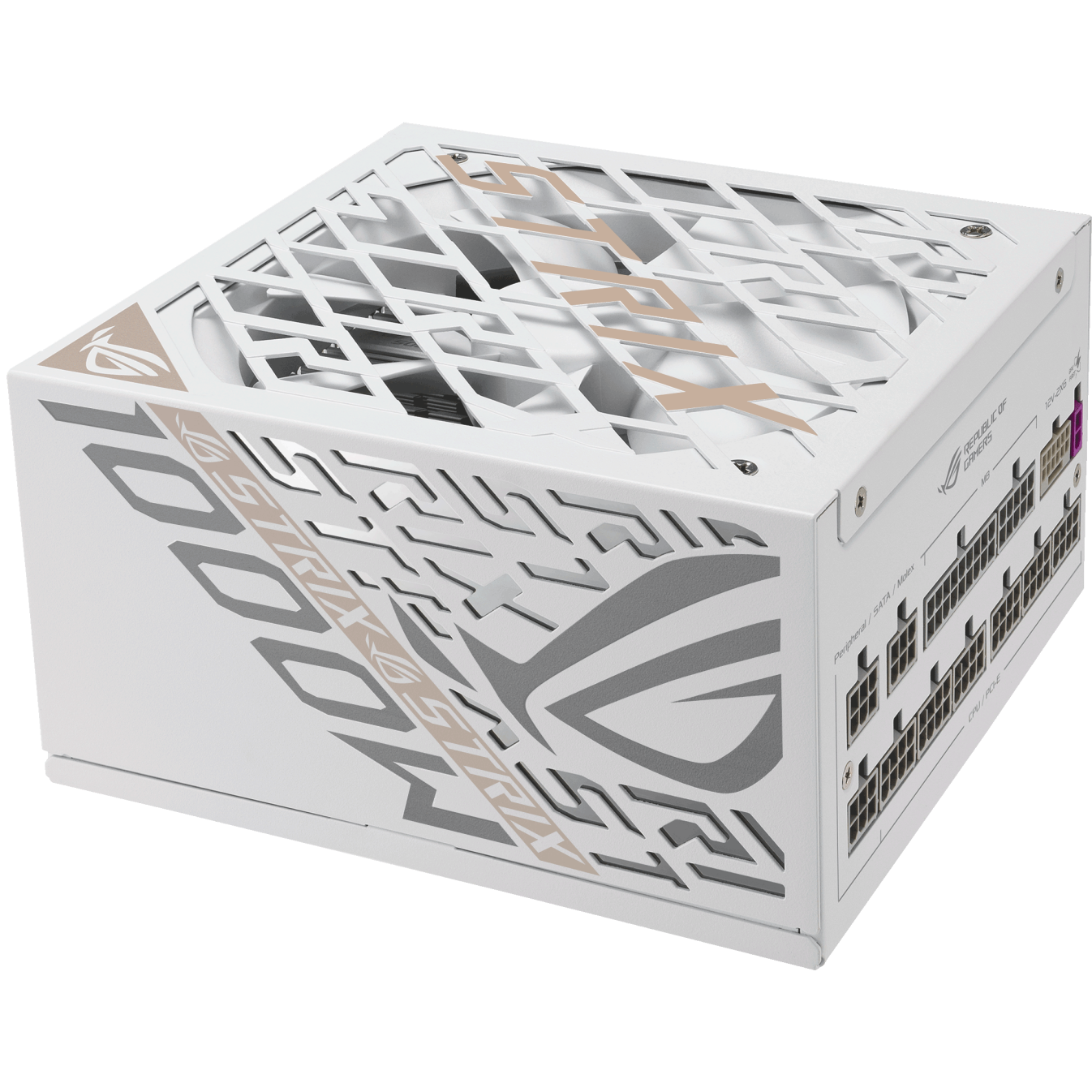 A large main feature product image of ASUS ROG Strix Gaming Evo 1000W Platinum PCIe 5.1 Modular PSU w/ Equalizer Cable - White