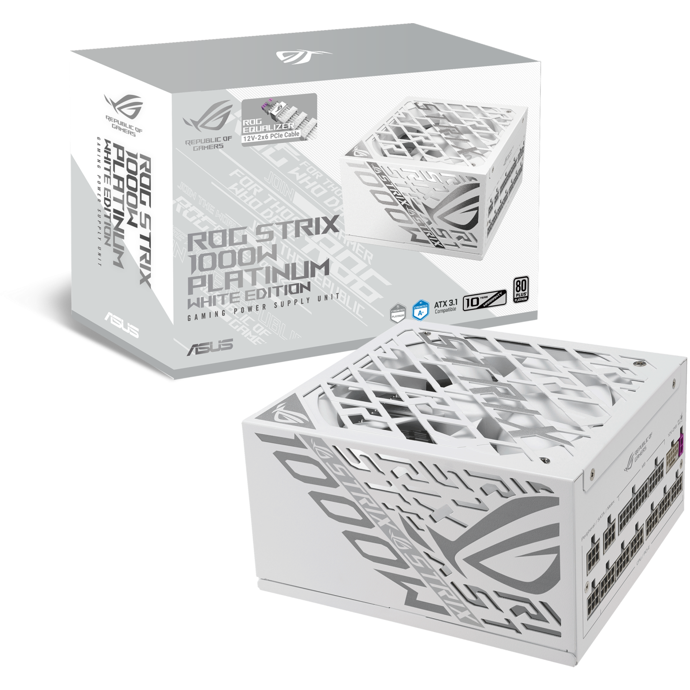 A large main feature product image of ASUS ROG Strix Gaming Evo 1000W Platinum PCIe 5.1 Modular PSU w/ Equalizer Cable - White