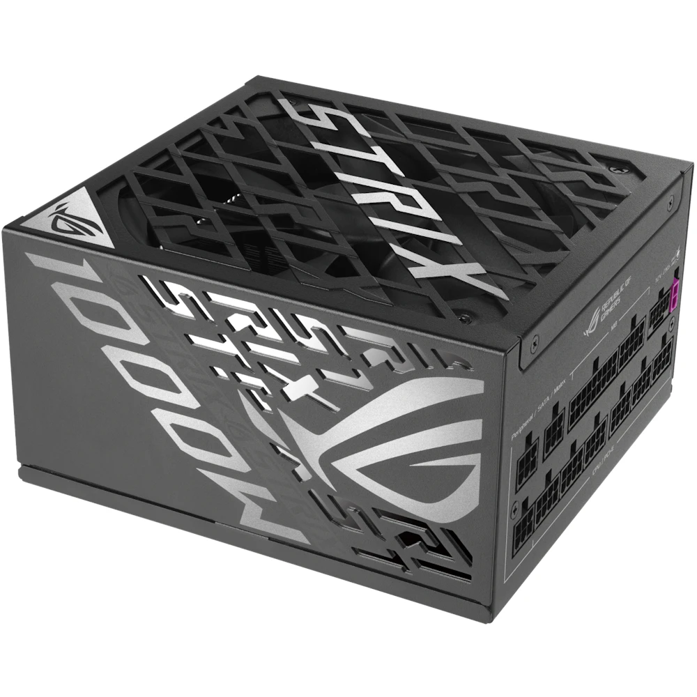 A large main feature product image of ASUS ROG Strix Gaming Evo 1000W Platinum PCIe 5.1 Modular PSU w/ Equalizer Cable