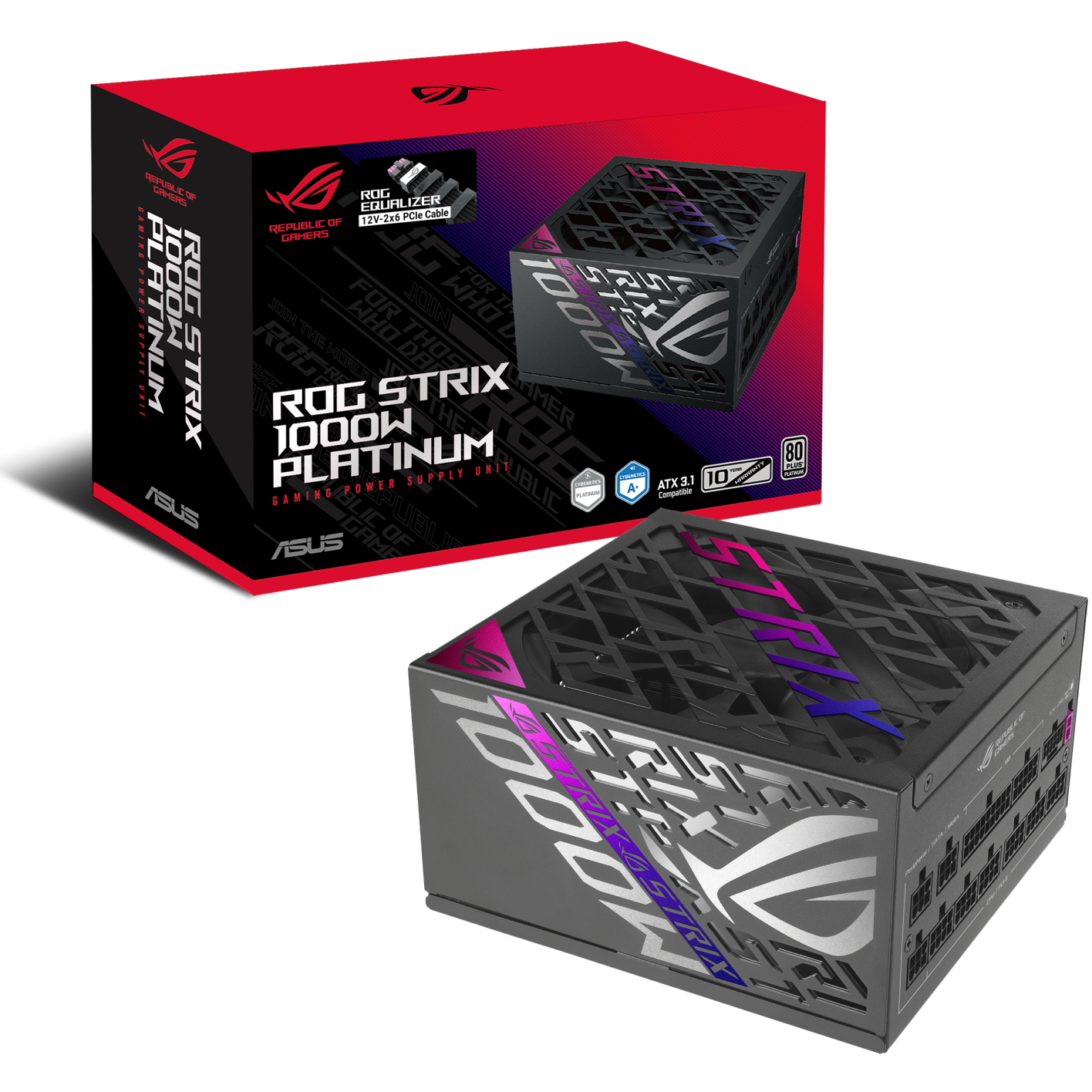 A large main feature product image of ASUS ROG Strix Gaming Evo 1000W Platinum PCIe 5.1  Modular PSU w/ Equalizer Cable