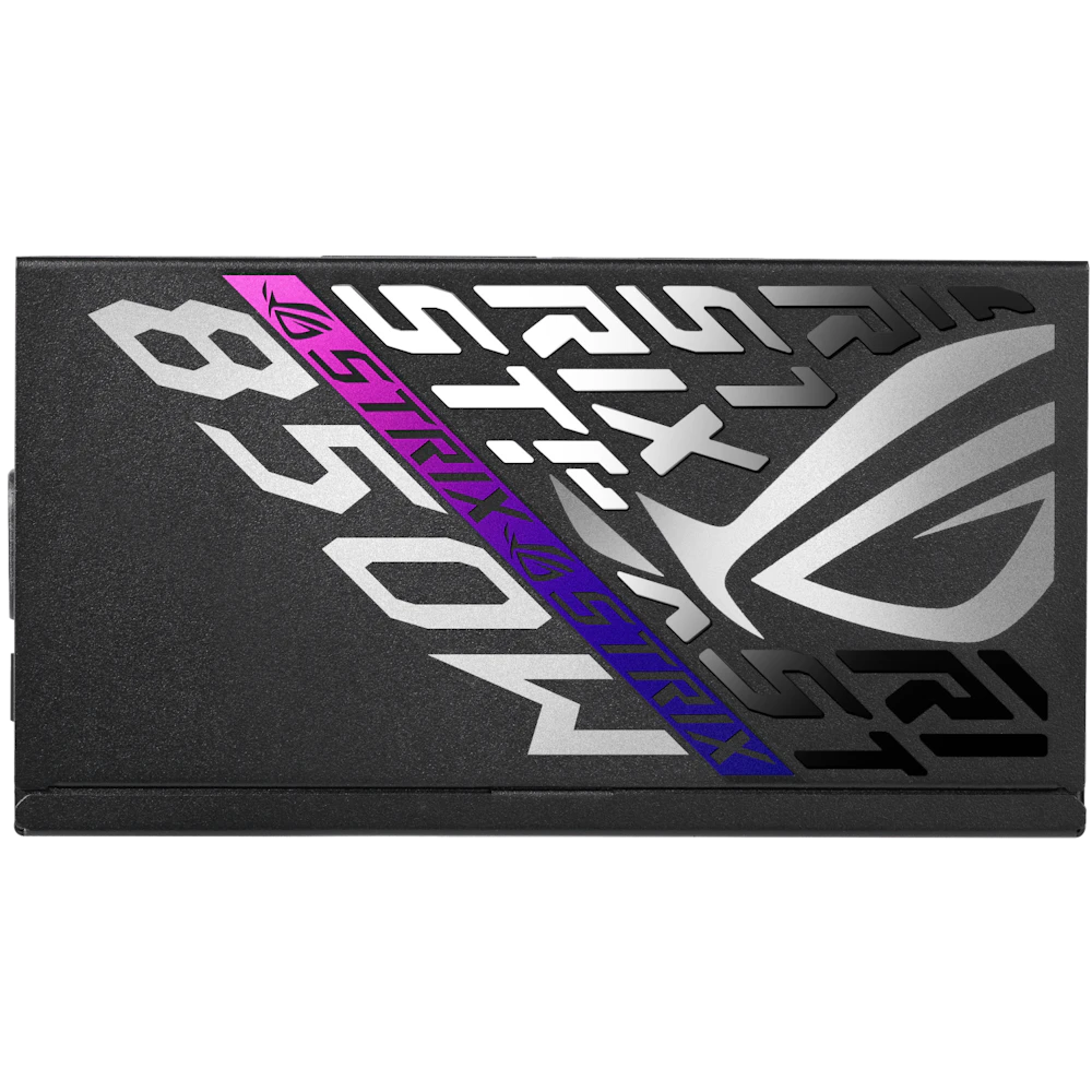 A large main feature product image of ASUS ROG Strix Gaming Evo 850W Platinum PCIe 5.1 Modular PSU w/ Equalizer Cable