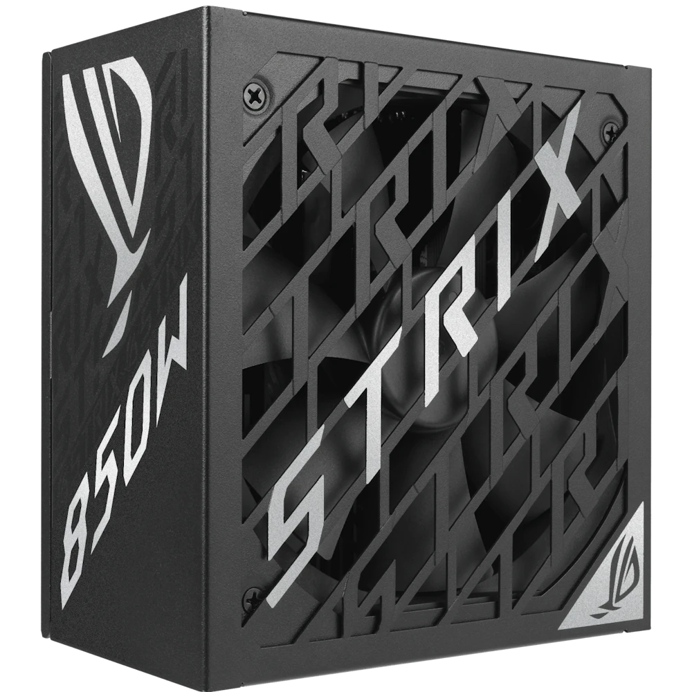 A large main feature product image of ASUS ROG Strix Gaming Evo 850W Platinum PCIe 5.1 Modular PSU w/ Equalizer Cable