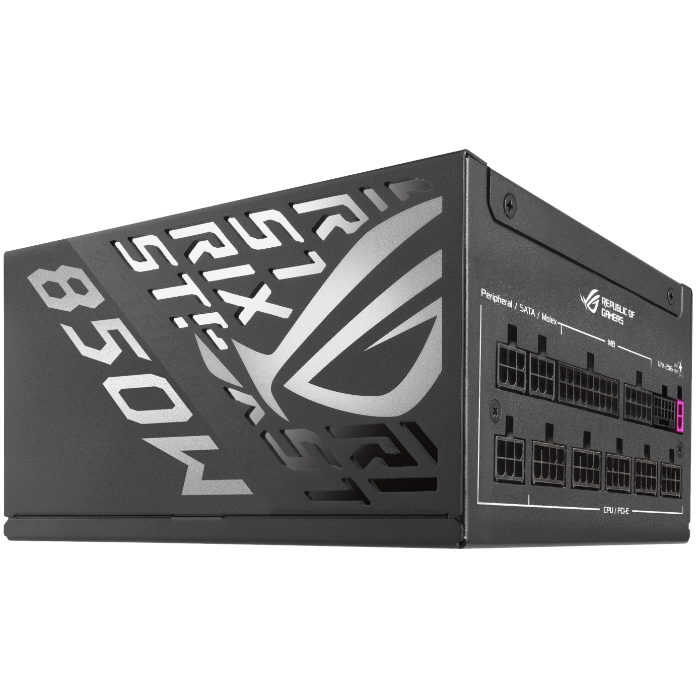 A large main feature product image of ASUS ROG Strix Gaming Evo 850W Platinum PCIe 5.1  Modular PSU w/ Equalizer Cable