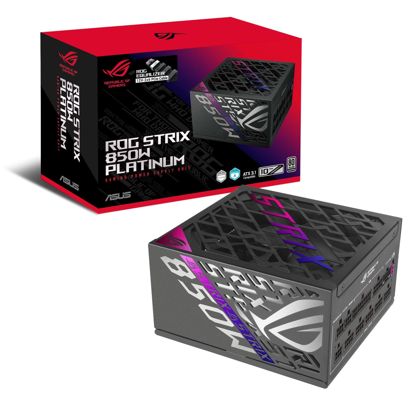 A large main feature product image of ASUS ROG Strix Gaming Evo 850W Platinum PCIe 5.1  Modular PSU w/ Equalizer Cable