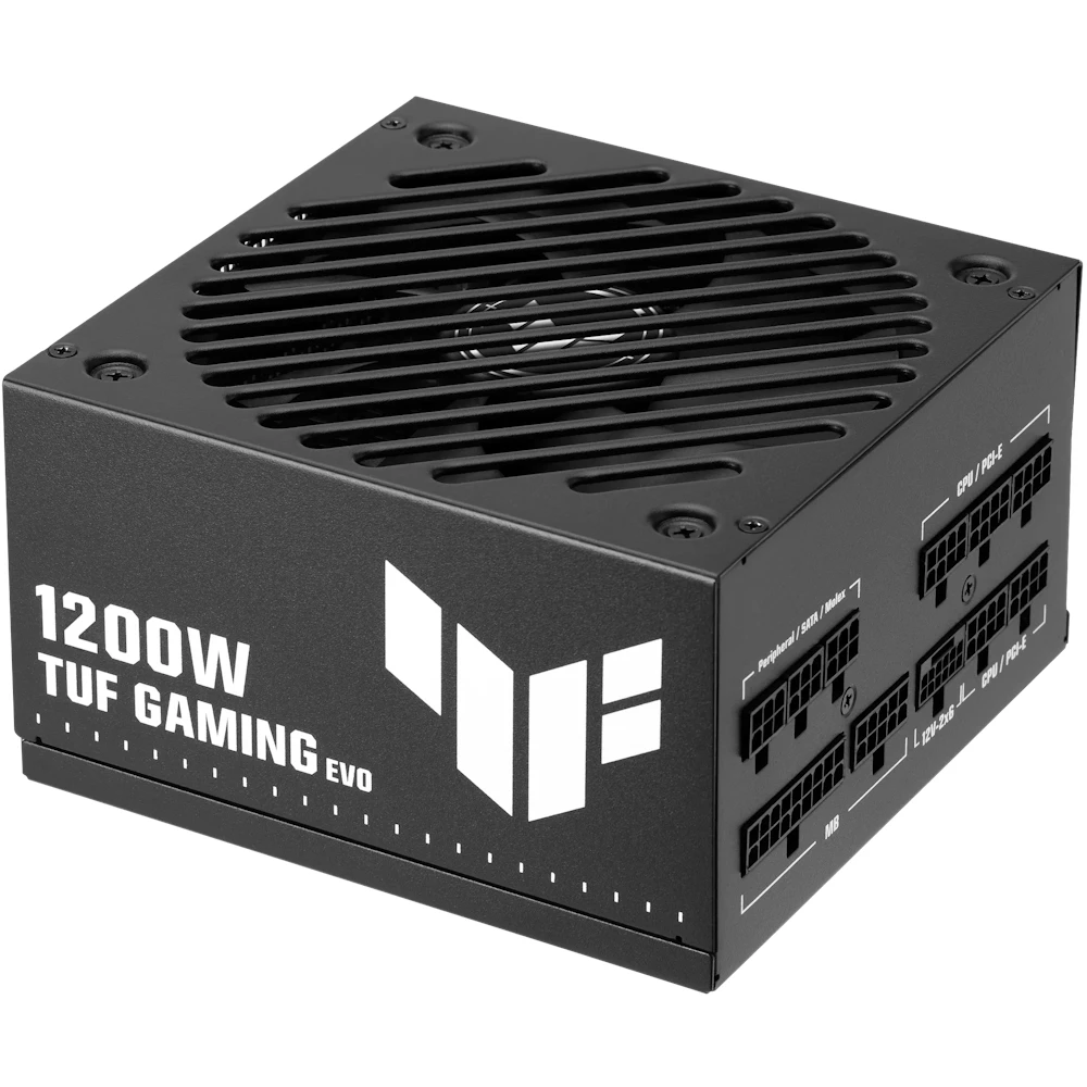 A large main feature product image of ASUS TUF Gaming Evo 1200W Gold PCIe 5.1 Modular PSU