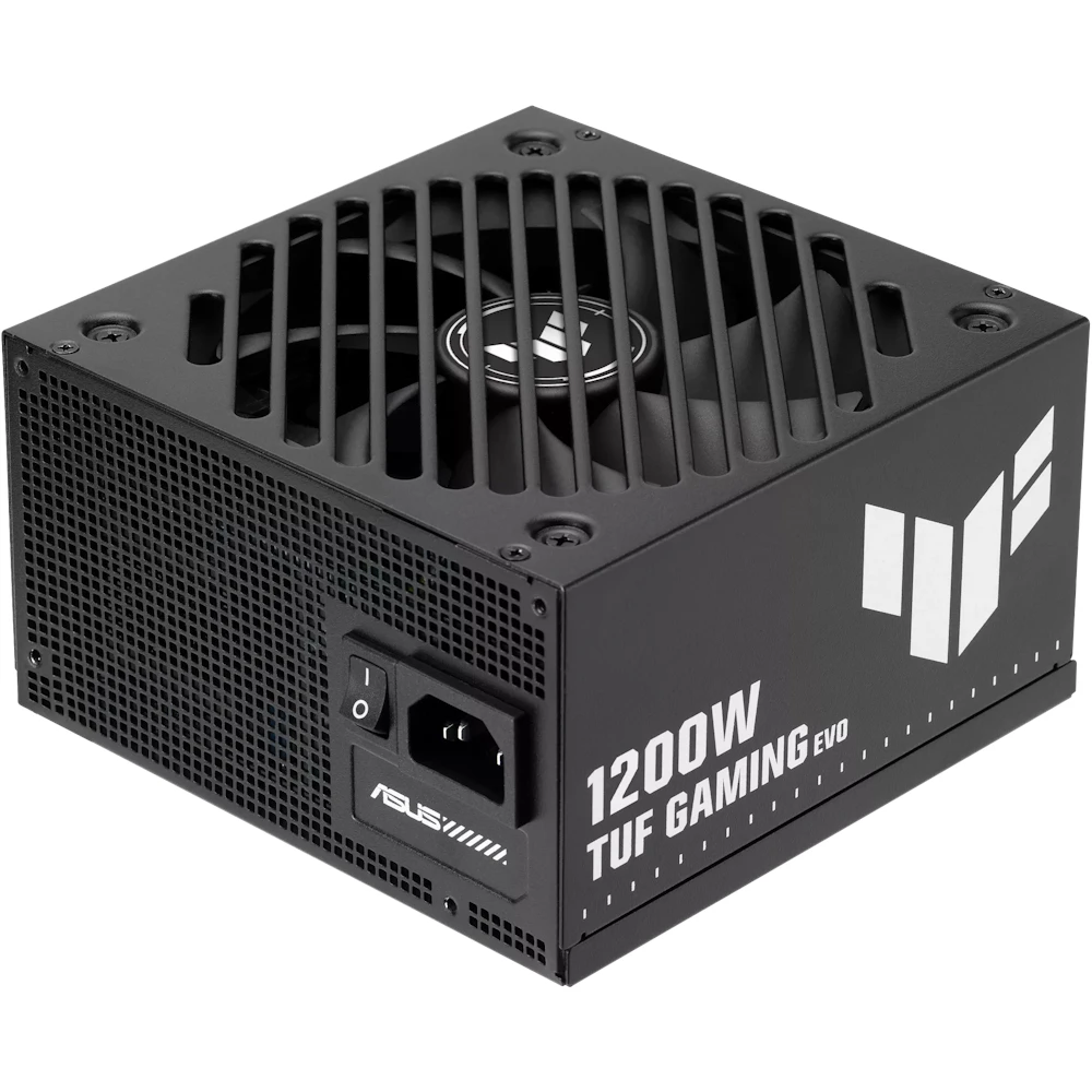 A large main feature product image of ASUS TUF Gaming Evo 1200W Gold PCIe 5.1 Modular PSU