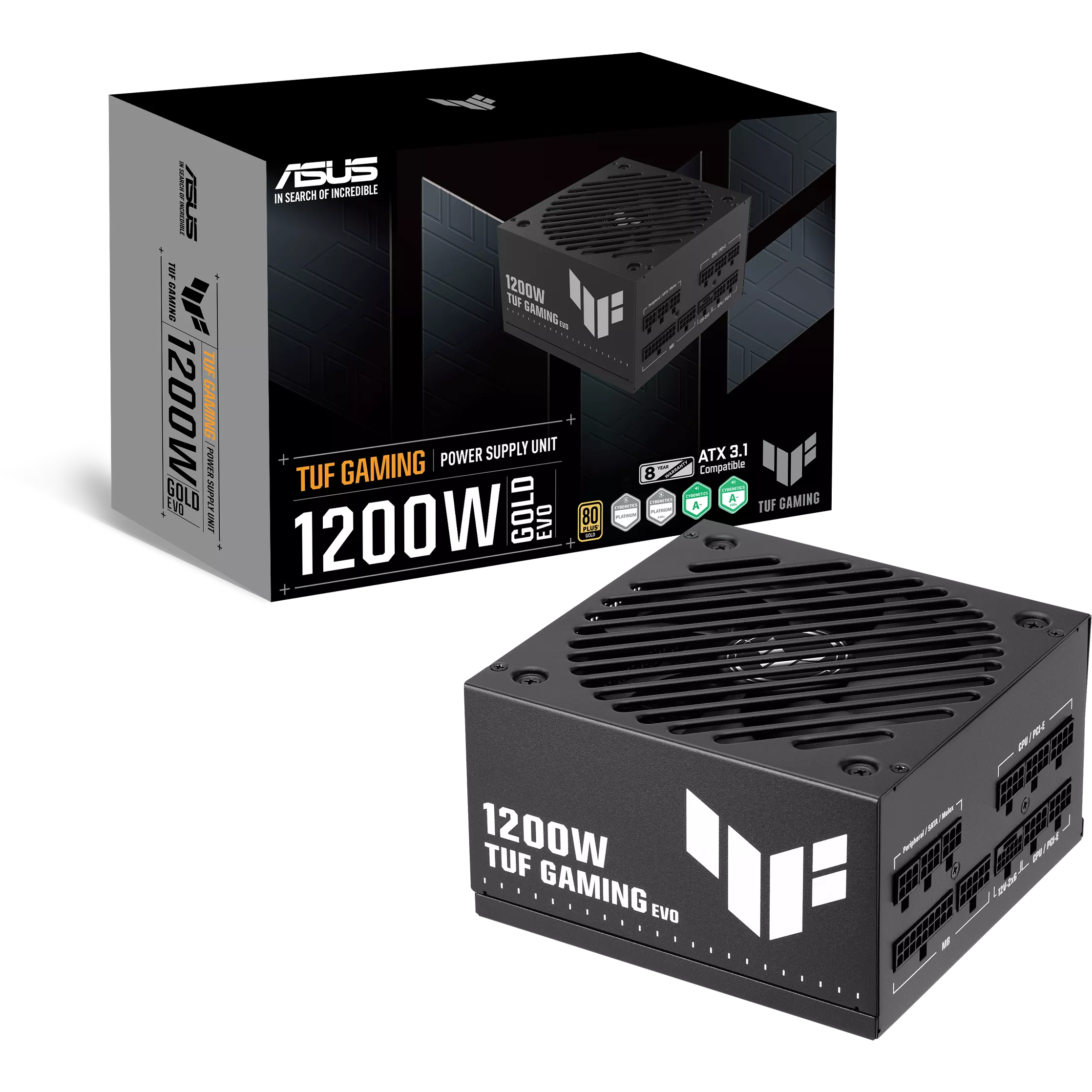 A large main feature product image of ASUS TUF Gaming Evo 1200W Gold PCIe 5.1 Modular PSU