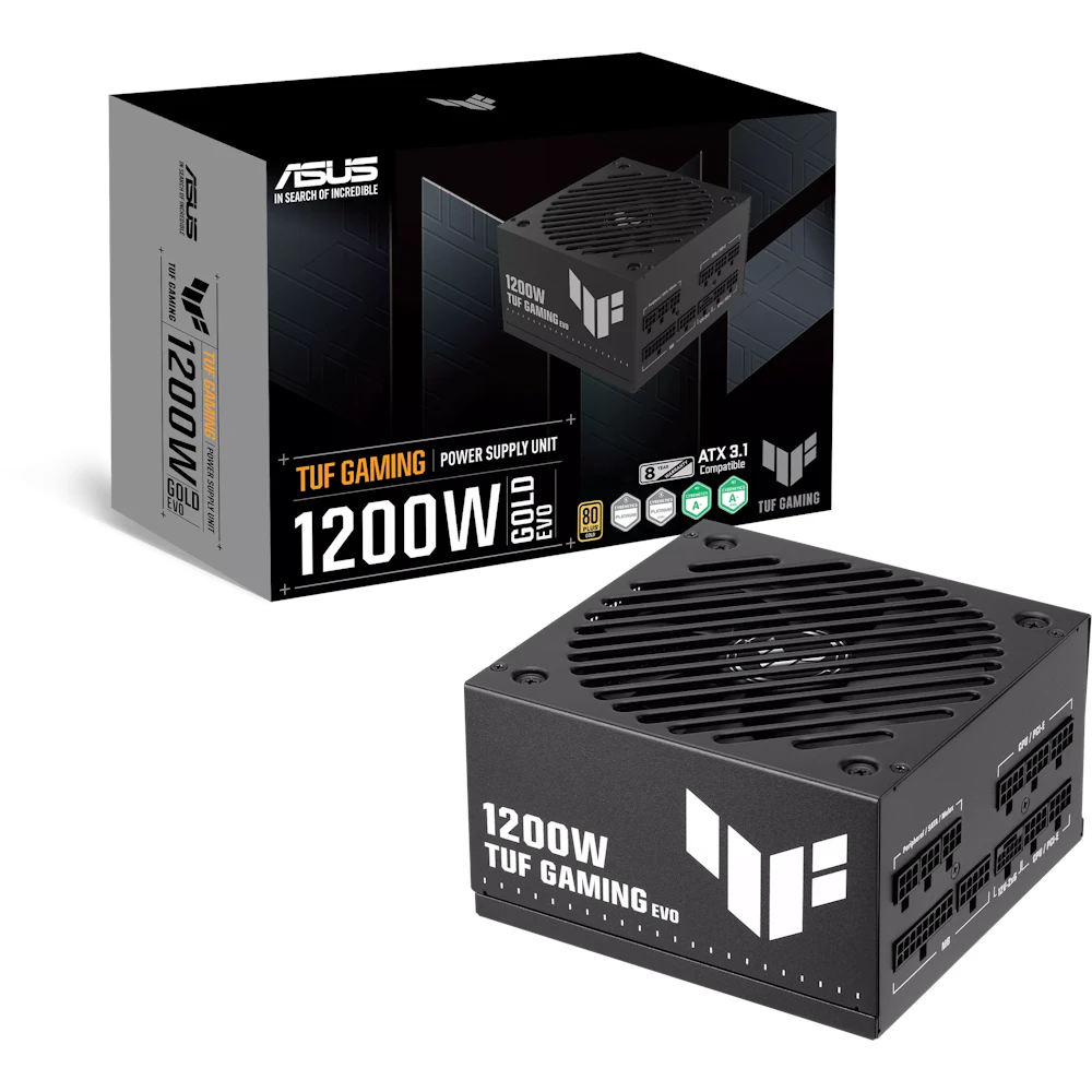 A large main feature product image of ASUS TUF Gaming Evo 1200W Gold PCIe 5.1 Modular PSU