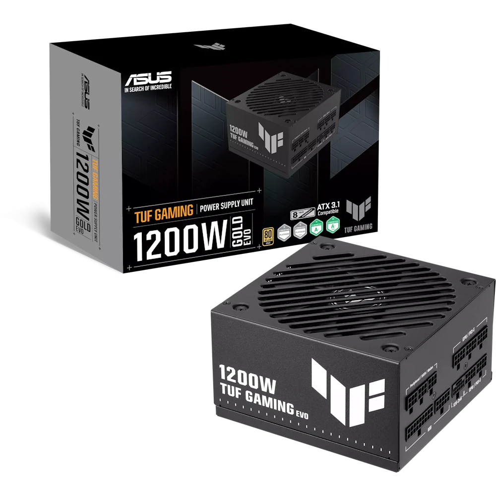 A large main feature product image of ASUS TUF Gaming Evo 1200W Gold PCIe 5.1 Modular PSU