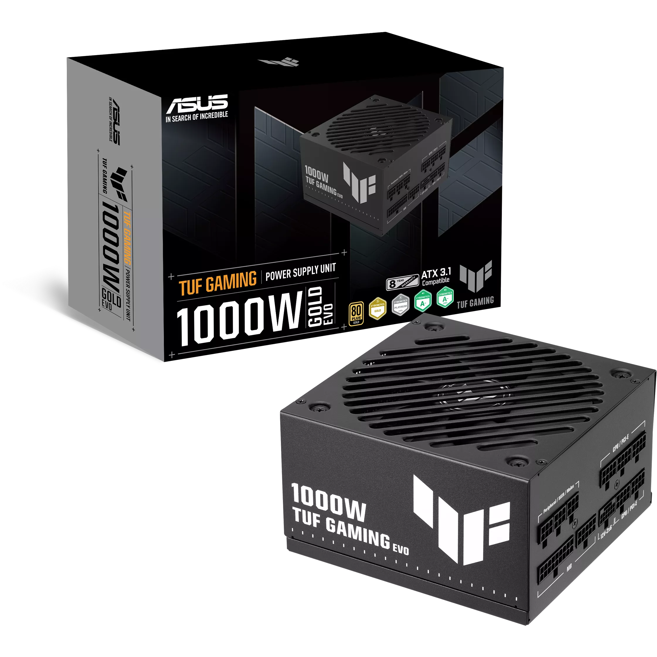 A large main feature product image of ASUS TUF Gaming Evo 1000W Gold PCIe 5.1 Modular PSU