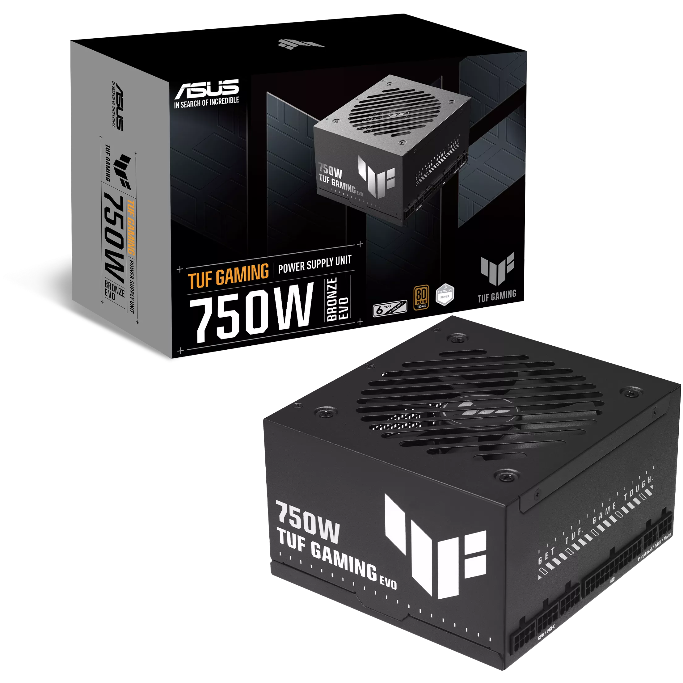 A large main feature product image of ASUS TUF Gaming Evo 750W Bronze Modular PSU