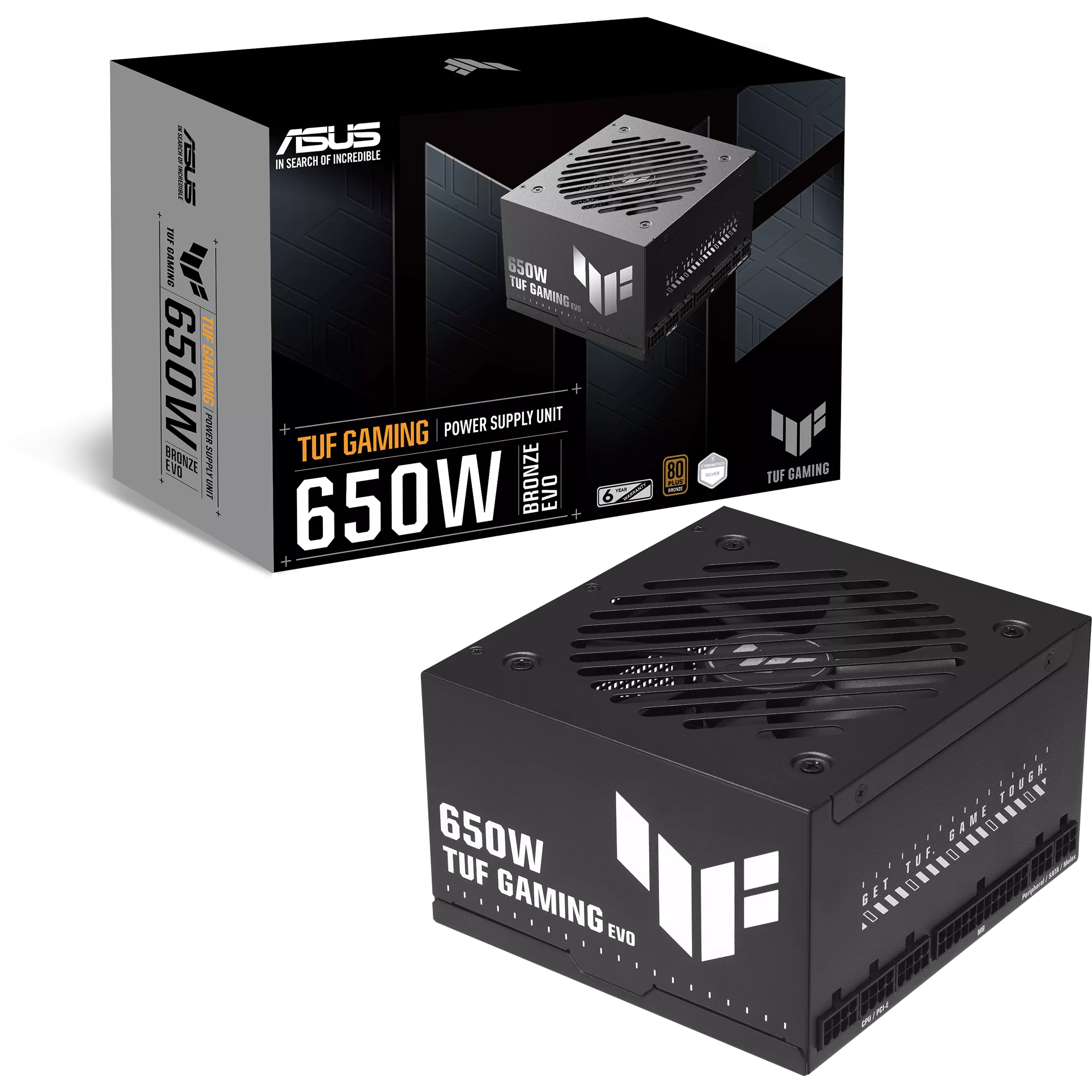 A large main feature product image of ASUS TUF Gaming Evo 650W Bronze Modular PSU