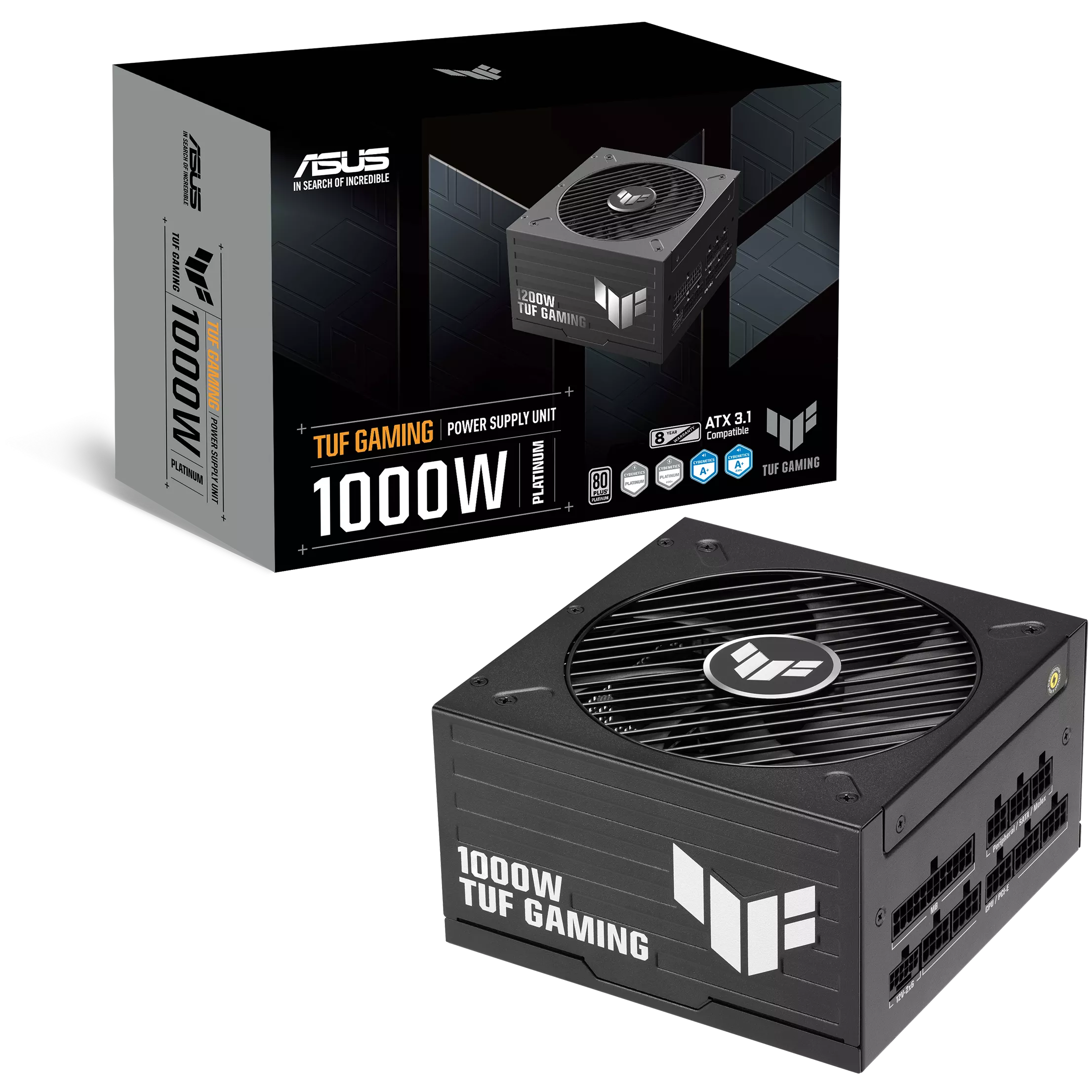 A large main feature product image of ASUS TUF Gaming 1000W Platinum PCIe 5.1 Modular PSU