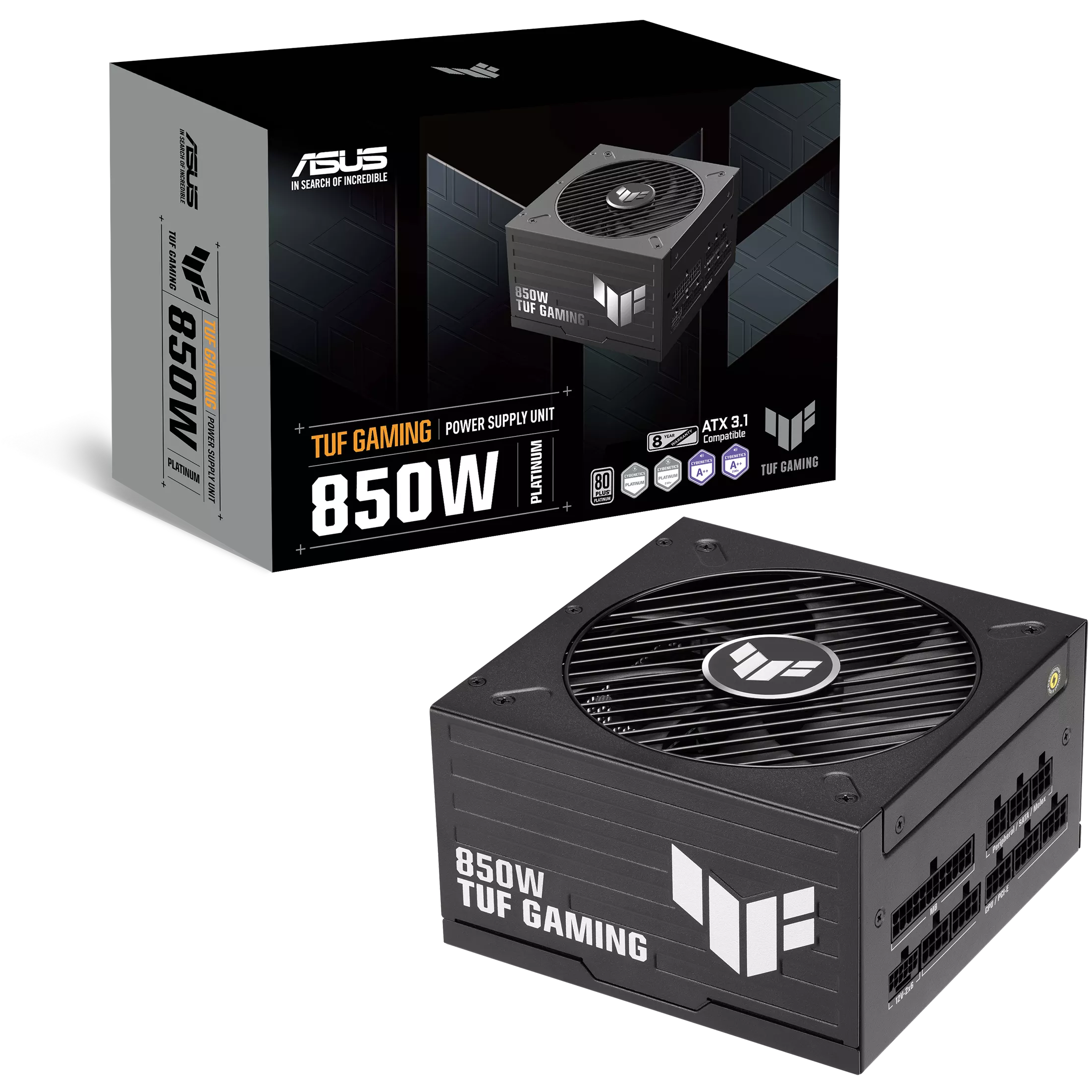 A large main feature product image of ASUS TUF Gaming 850W Platinum PCIe 5.1  Modular PSU