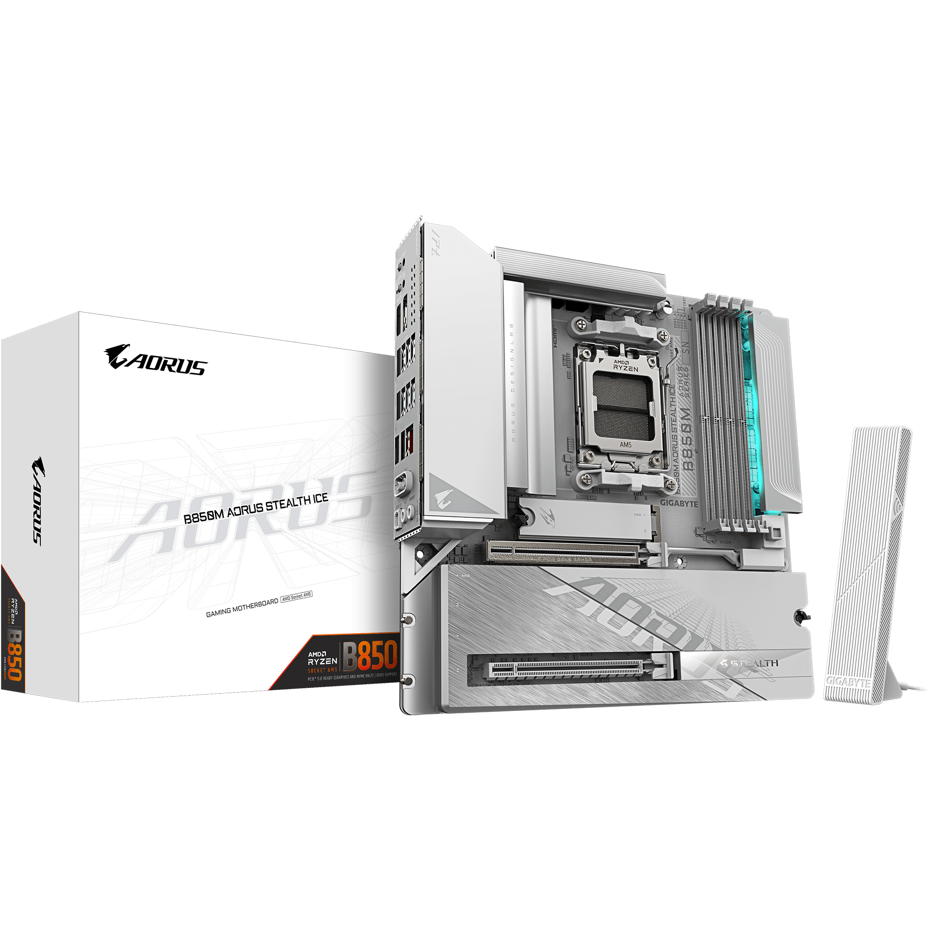 A large main feature product image of Gigabyte B850M AORUS STEALTH ICE AM5 mATX Desktop Motherboard